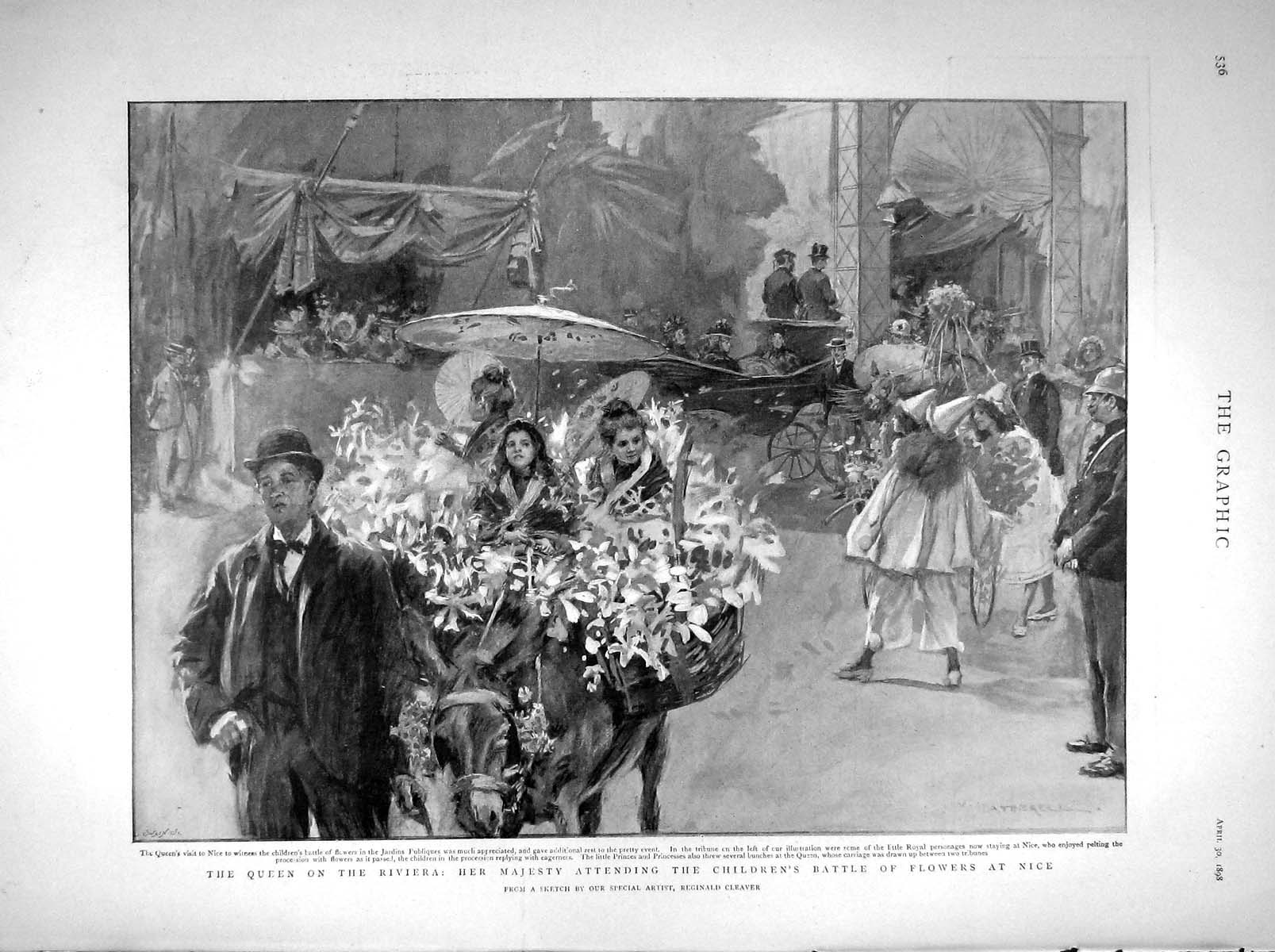 Old Antique Print 1898 Queen France Cimiez Chasseurs Alpins Flowers Nice 19th