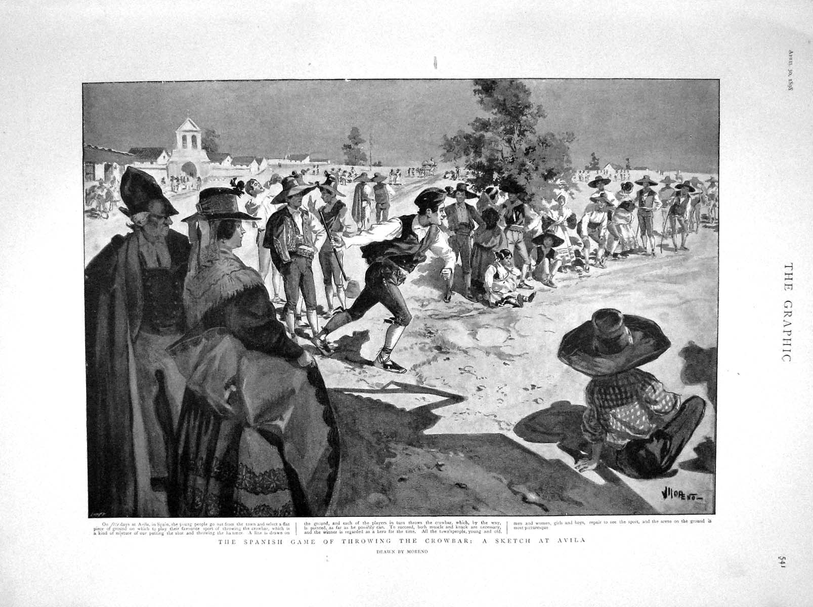 Original Old Antique Print 1898 Spanish Game Throwing Crowbar Avila Spain Sport