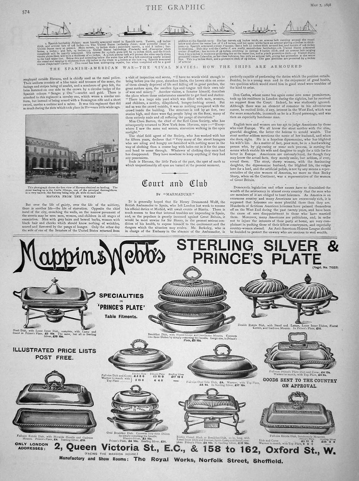 Old Antique Print 1898 View Havana Wharf War Ships Armoured Mappin Webb 19th