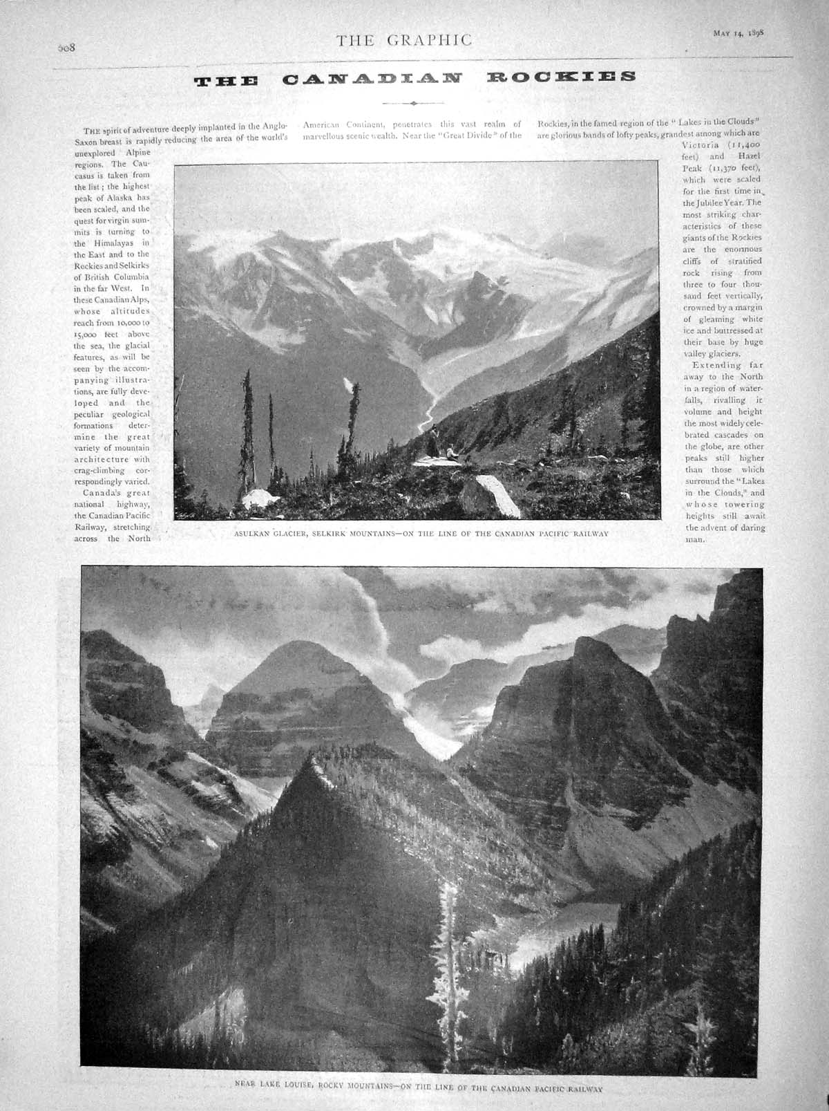Original Old Antique Print 1898 Canada Rocky Mountains Asulkan Pacific Railway