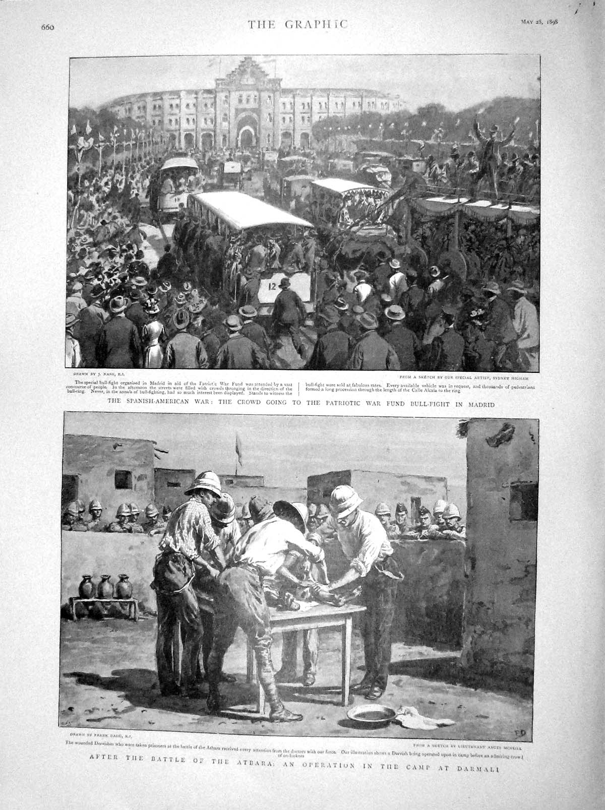 Old Antique Print 1898 Battle Atbara Camp Darmali Bull Fight Madrid Spain 19th