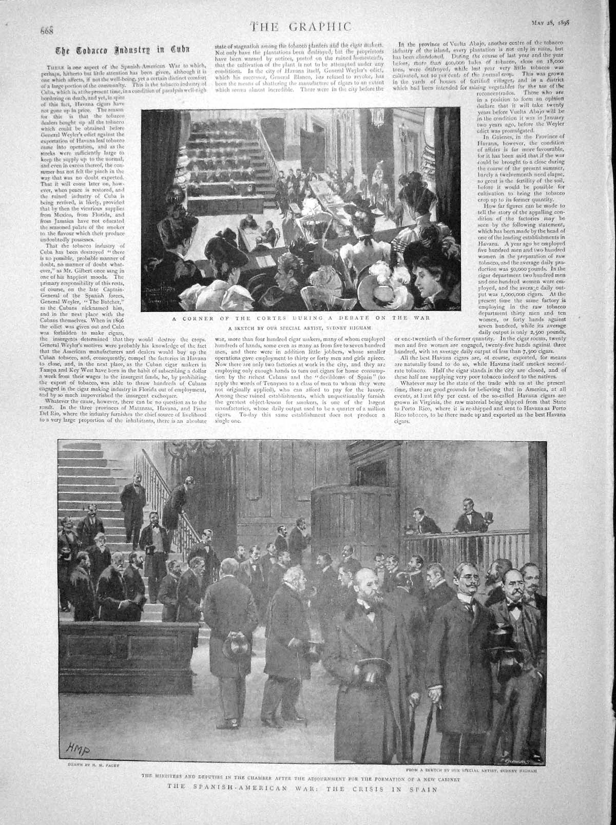 Original Old Antique Print 1898 Spanish-American War Aunon Sagasta Bagley Cuba