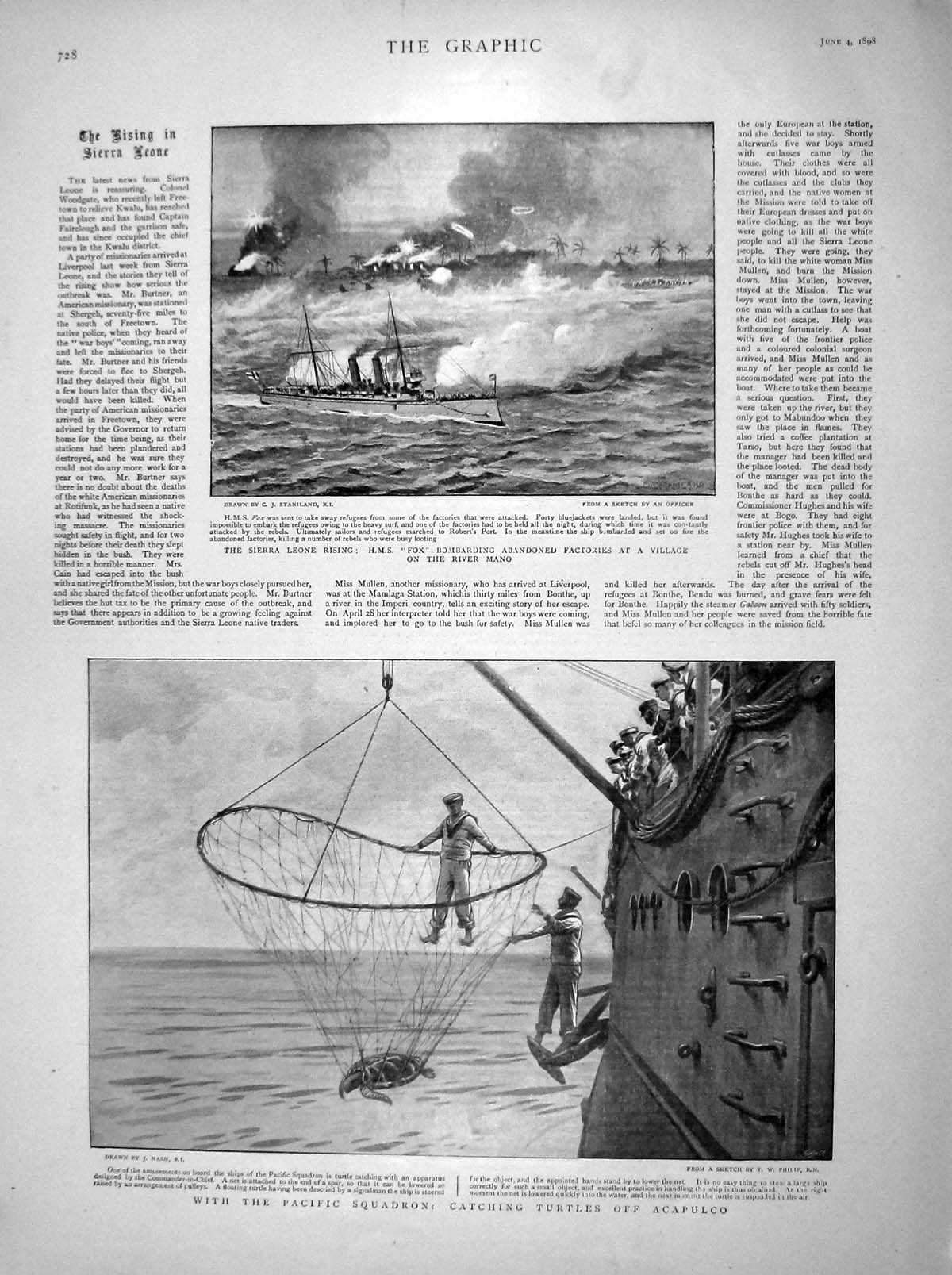Old Antique Print 1898 Sierra Leone Ship Fox River Mano Turtles Acapulco 19th