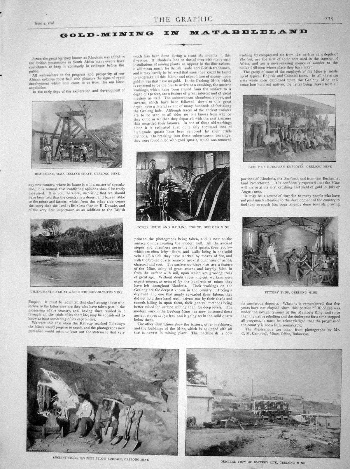 Original Old Antique Print 1898 GMining Matabeleland Geelong Mone Fitters Shop
