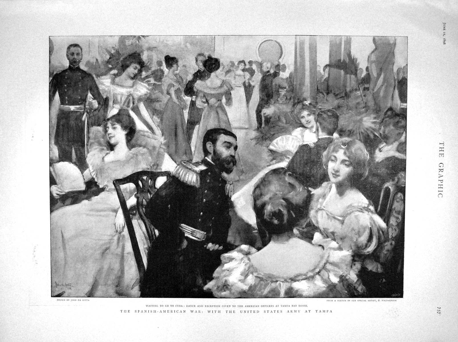 Old Antique Print 1898 Cuba War Dance Tampa Hotel Ship Merrimac Alabama 19th