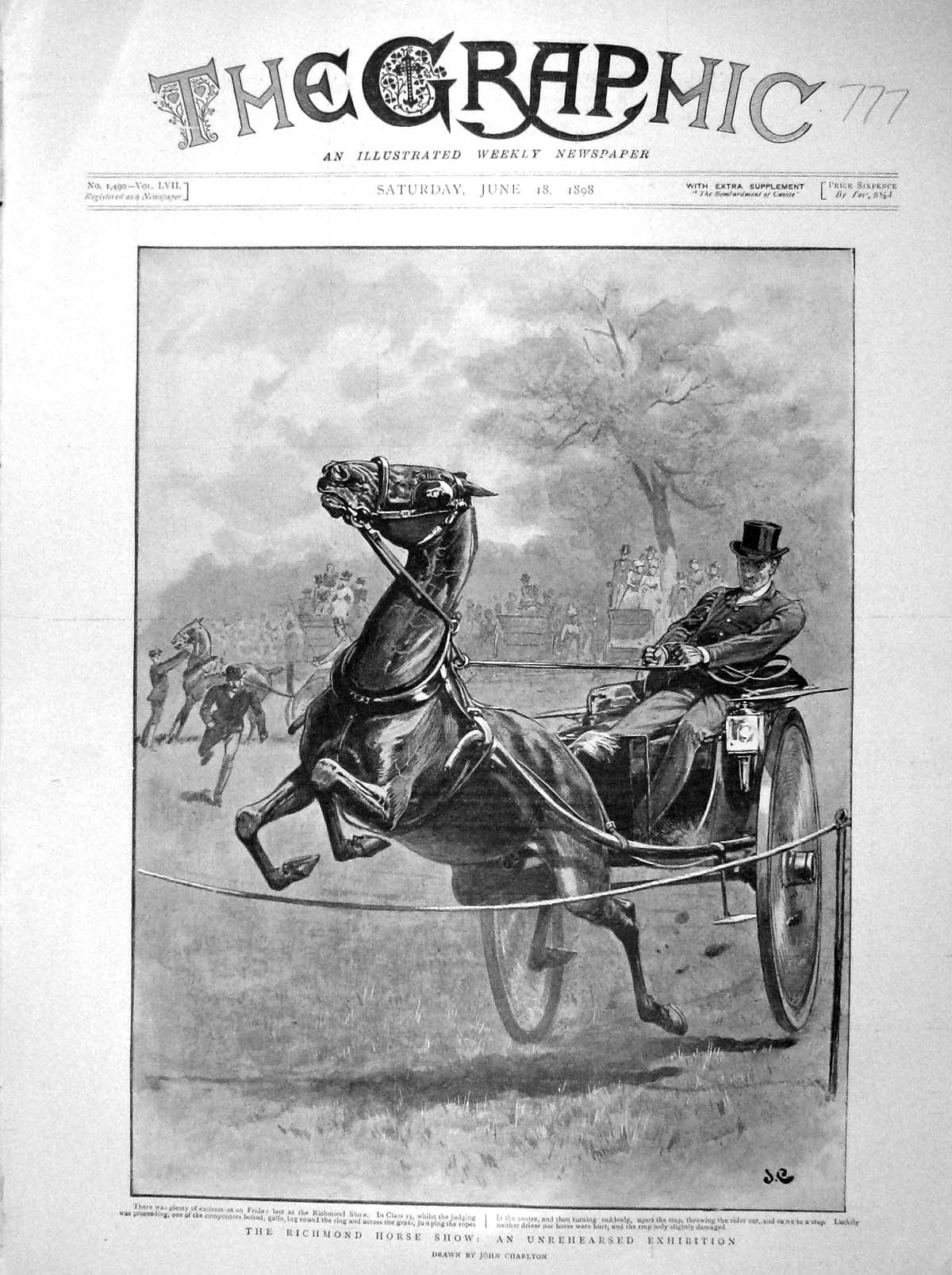 Original Old Antique Print 1898 Richmond Horse Show Horse Bolting Jumping Ropes