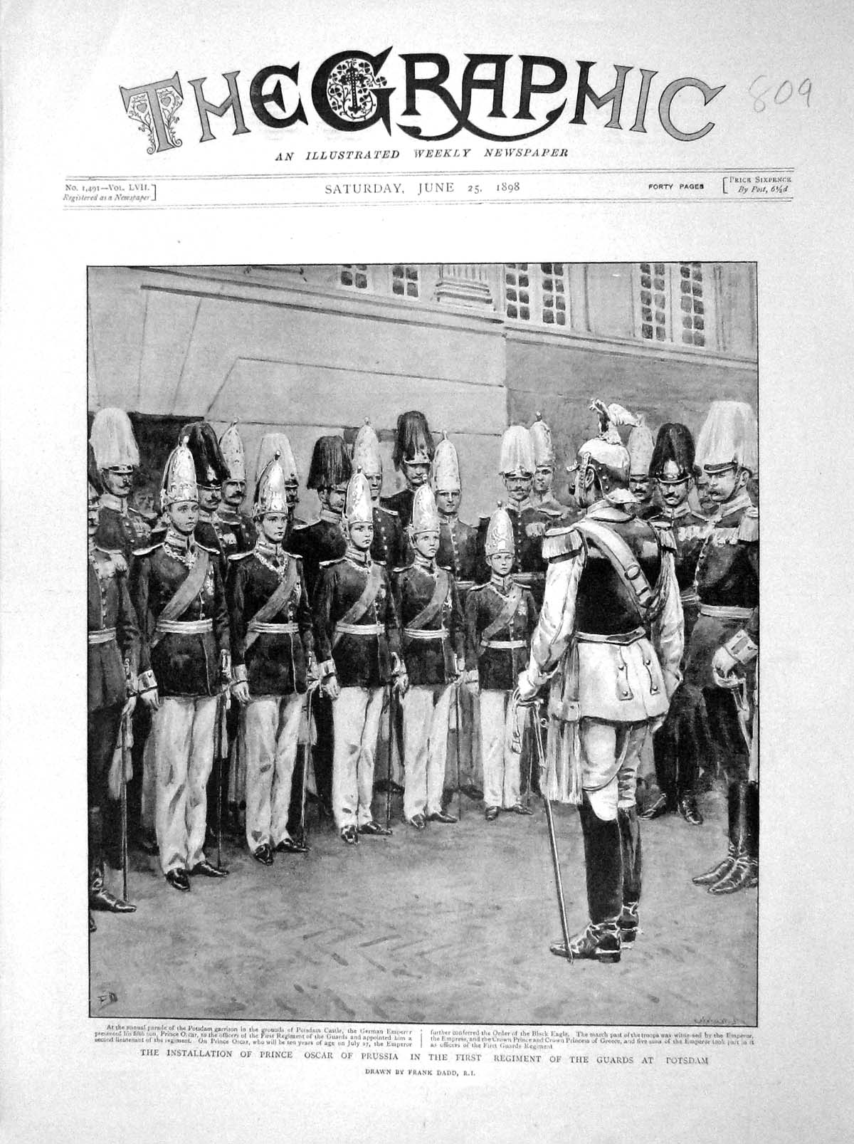 Original Old Antique Print 1898 Prince Oscar Prussia Guards Potsdam Castle Army