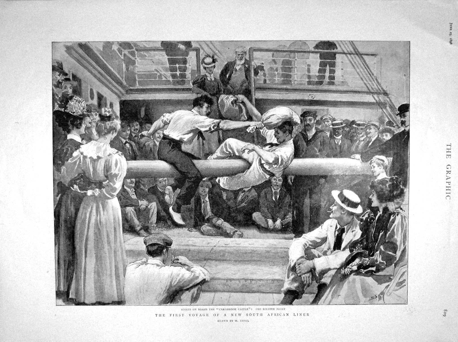 Original Old Antique Print 1898 Ship Sports Carisbrook Castle Africa Bernhardt