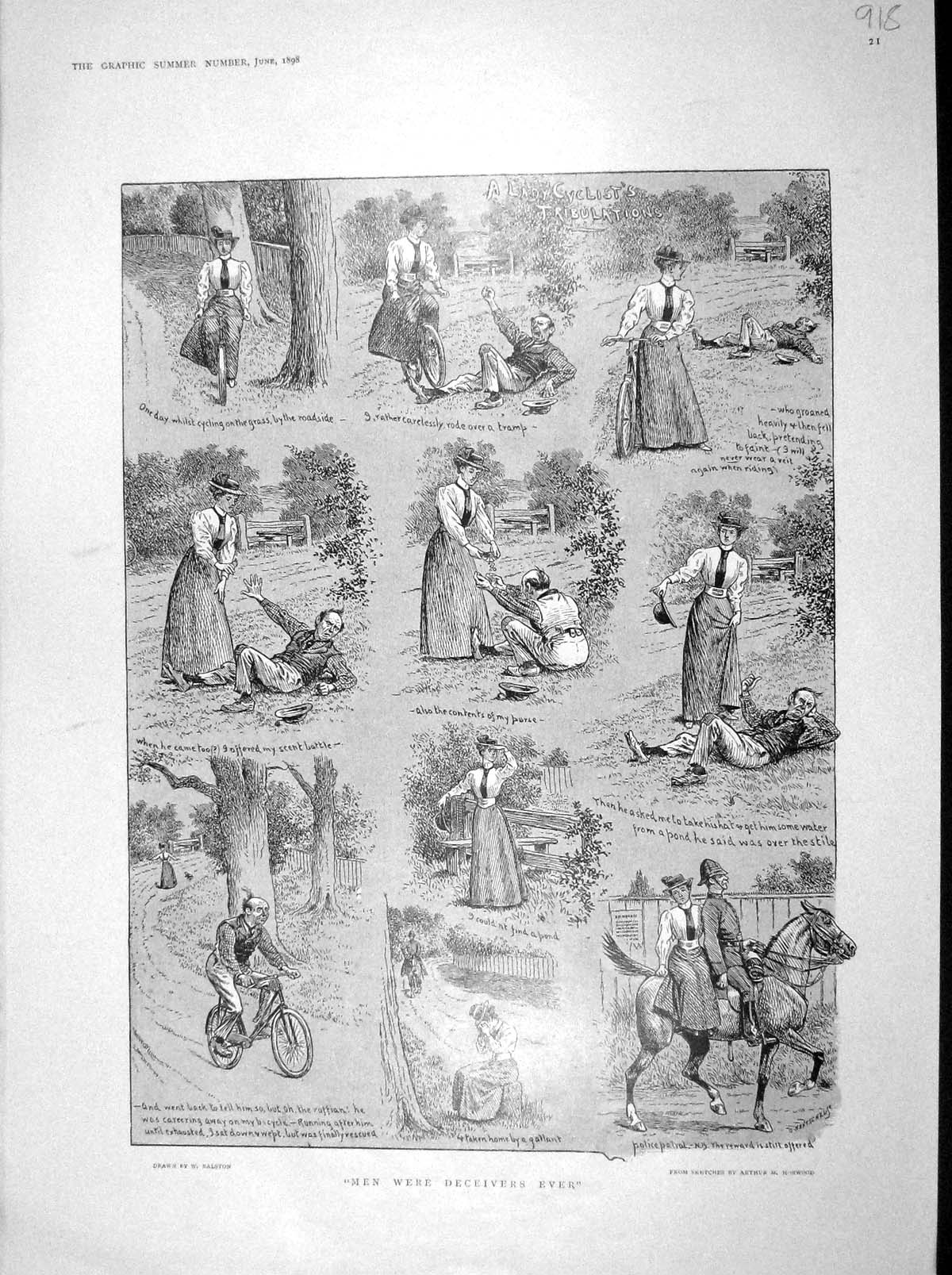 Original Old Antique Print 1898 Lady Cyclist Country Adventures Horse Policeman