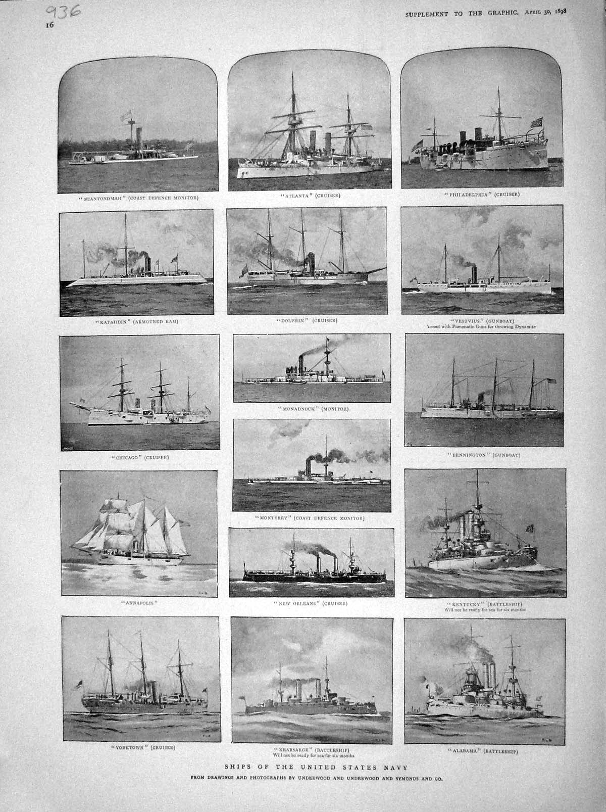 Original Old Antique Print 1898 America Ships Alabama Monterey Dolphin Santiago