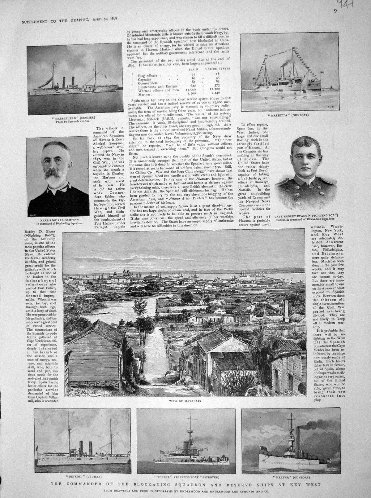 Old Antique Print 1898 Robley Evans Ships Detroit Terror Key Audaz Osada 19th