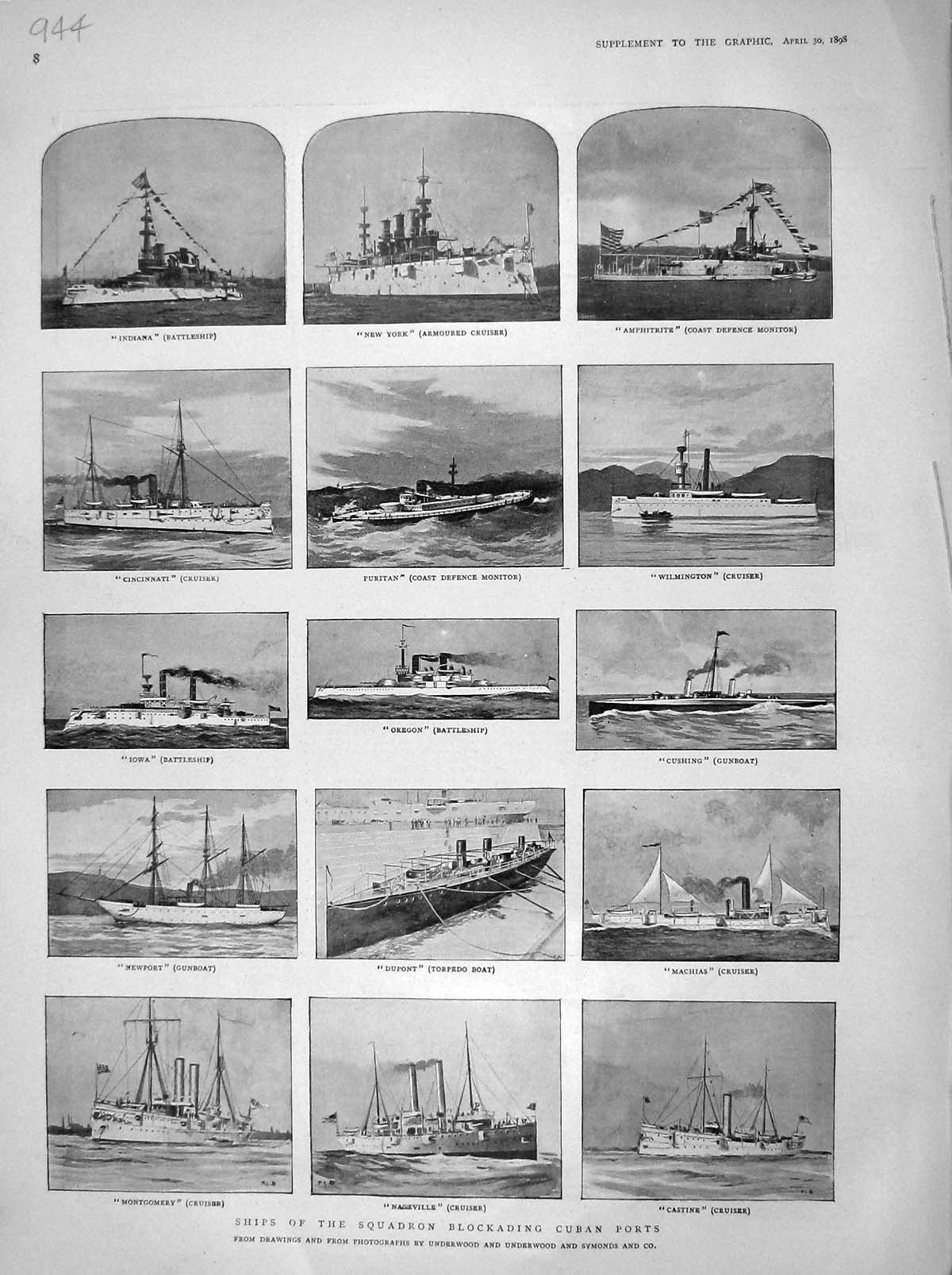 Old Antique Print 1898 Ships Cuba Indiana Oregon Dupont Castine Long War 19th