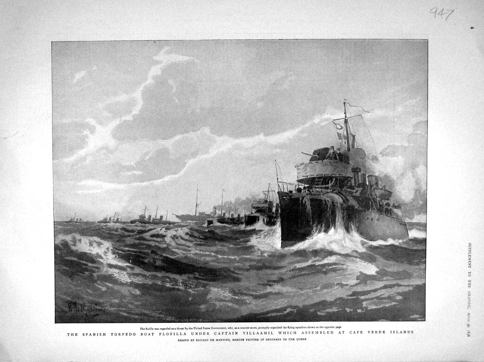 Old Antique Print 1898 Spain Torpedo Baot Villaamil Verde Queen Cristina 19th
