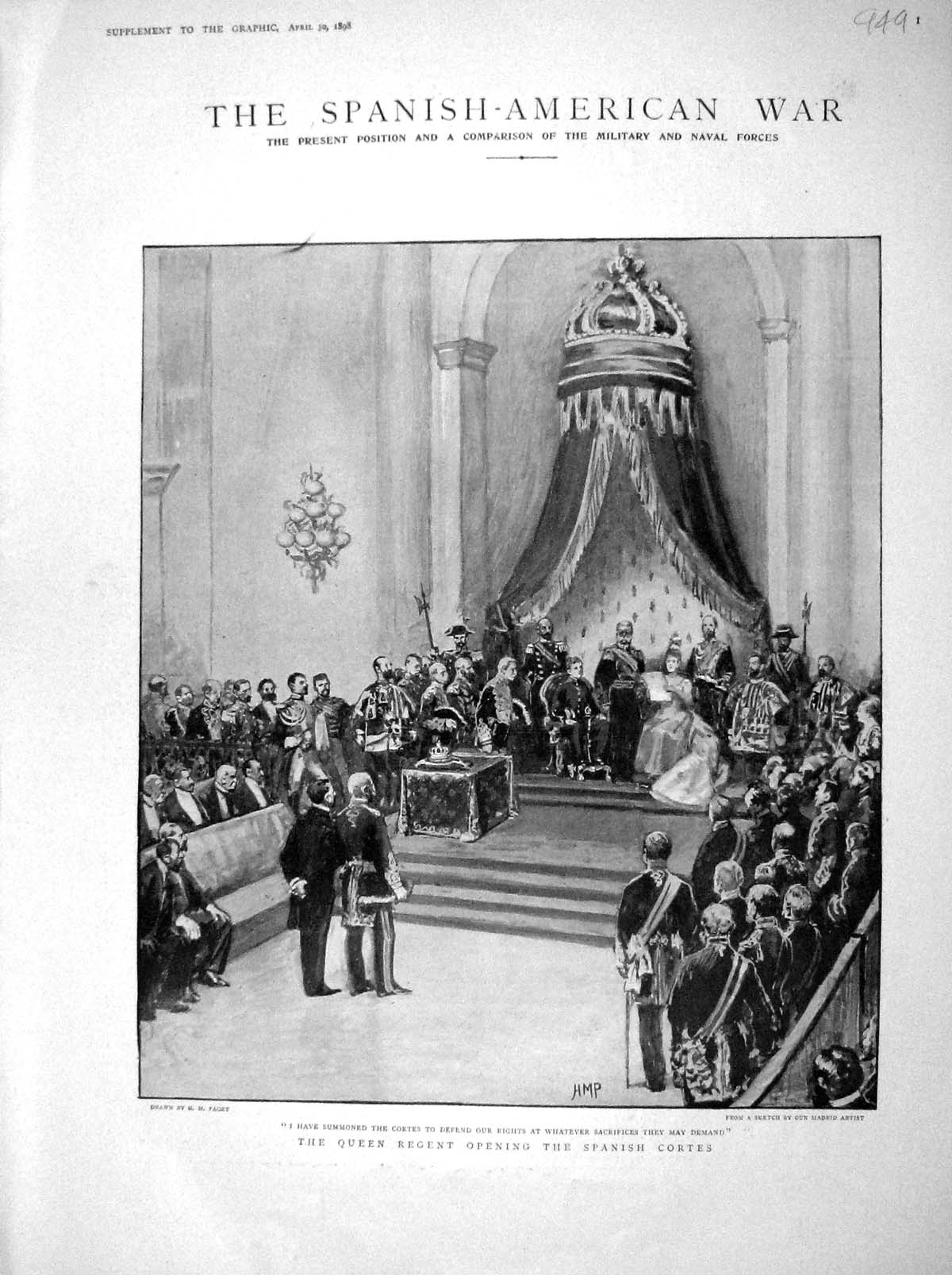 Old Antique Print 1898 Queen Regent Cortes Spanish-American War Alfonso 19th