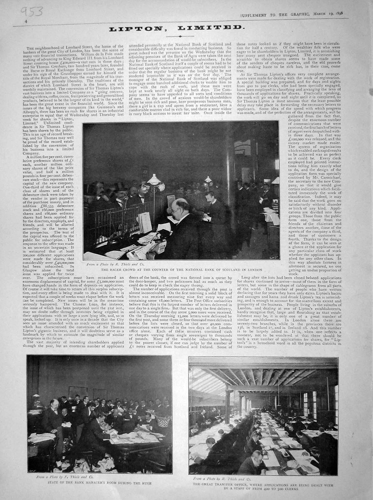 Original Old Antique Print 1898 Lipton Counter Bank Scotland Transfer Officer