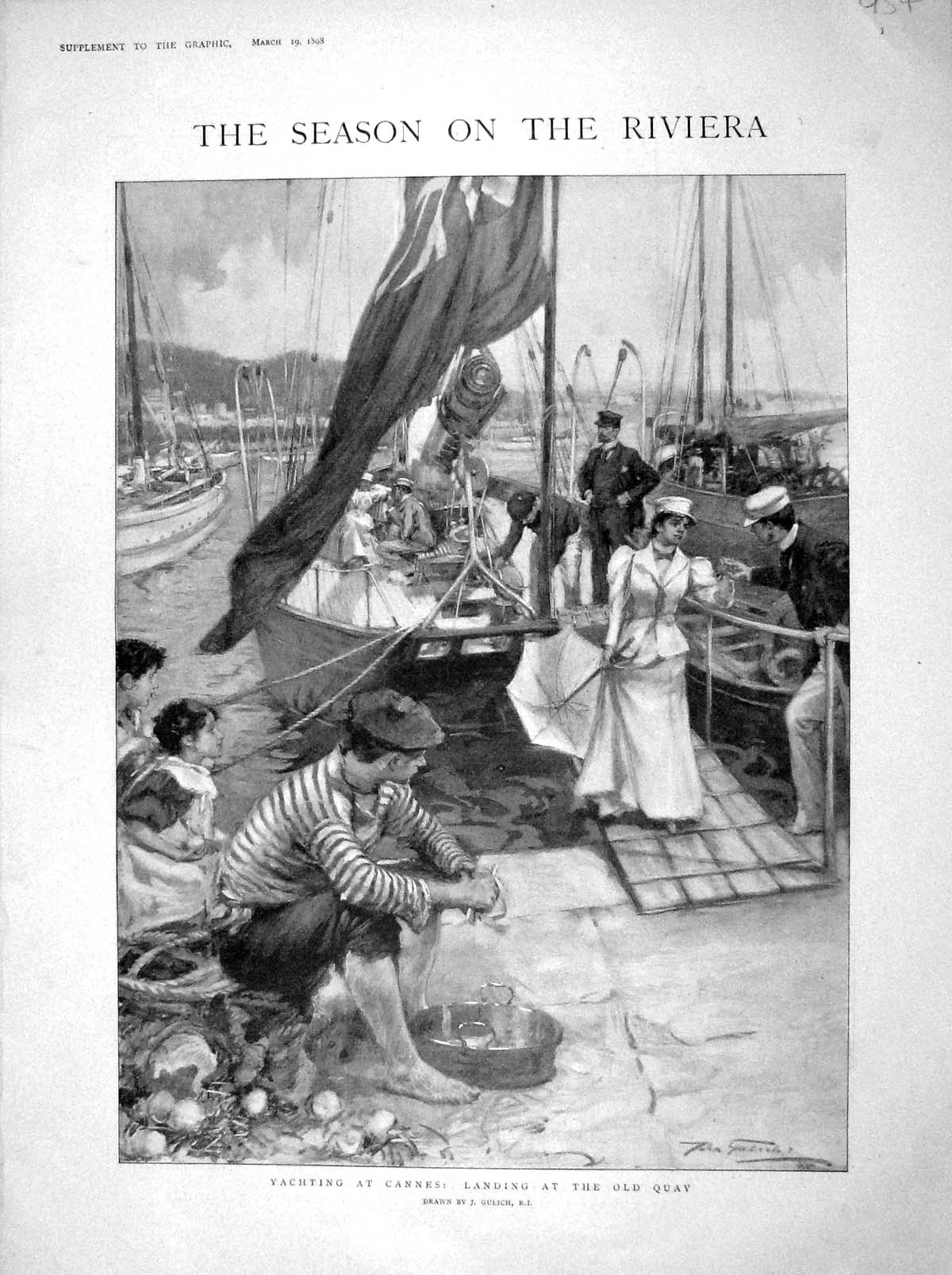 Old Antique Print 1898 Yachting Cannes Quay France Prince Wales Lambert 19th