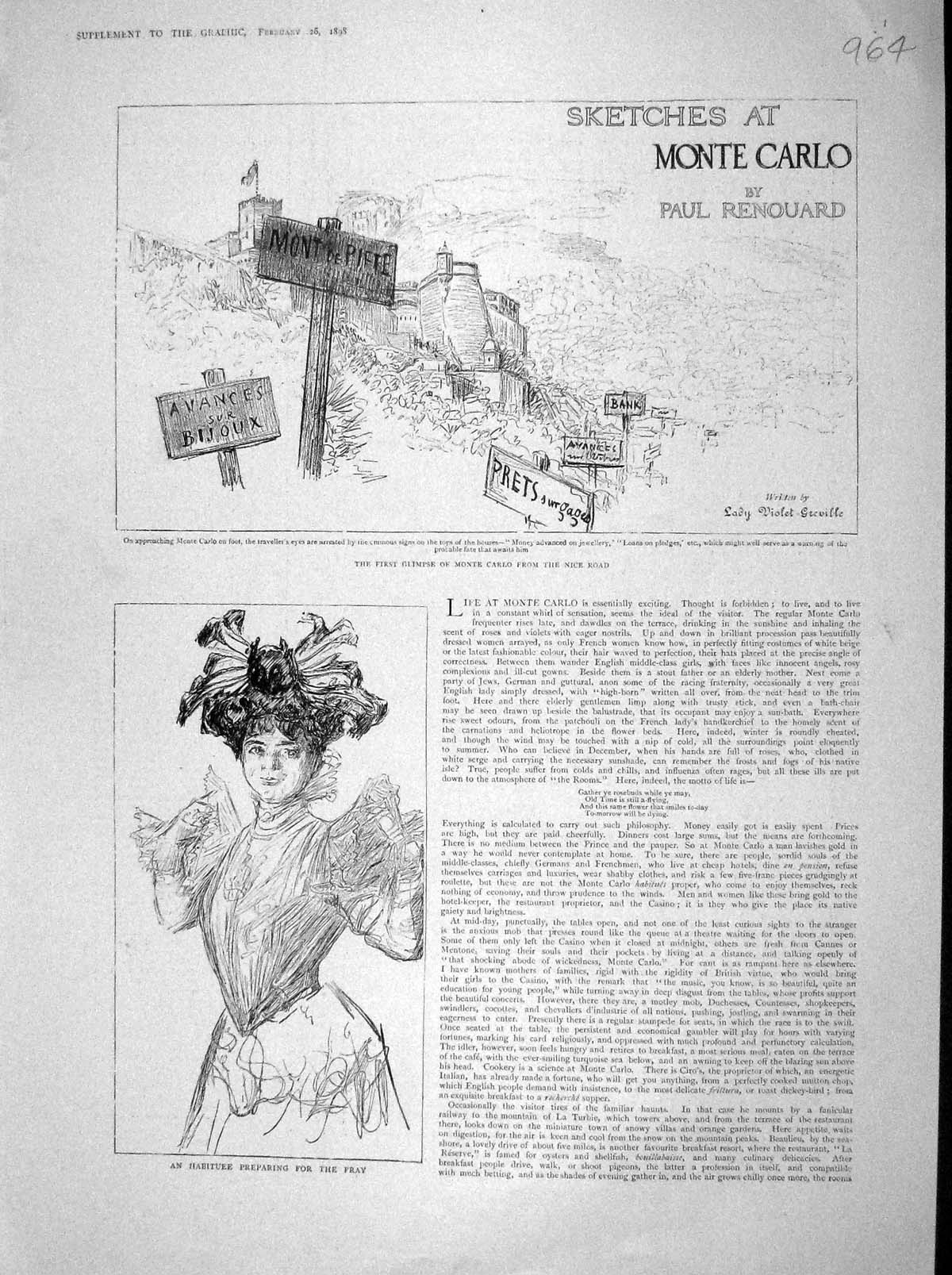 Old Antique Print 1898 Monte Carlo Nice France Croupier Gambling Casino 19th