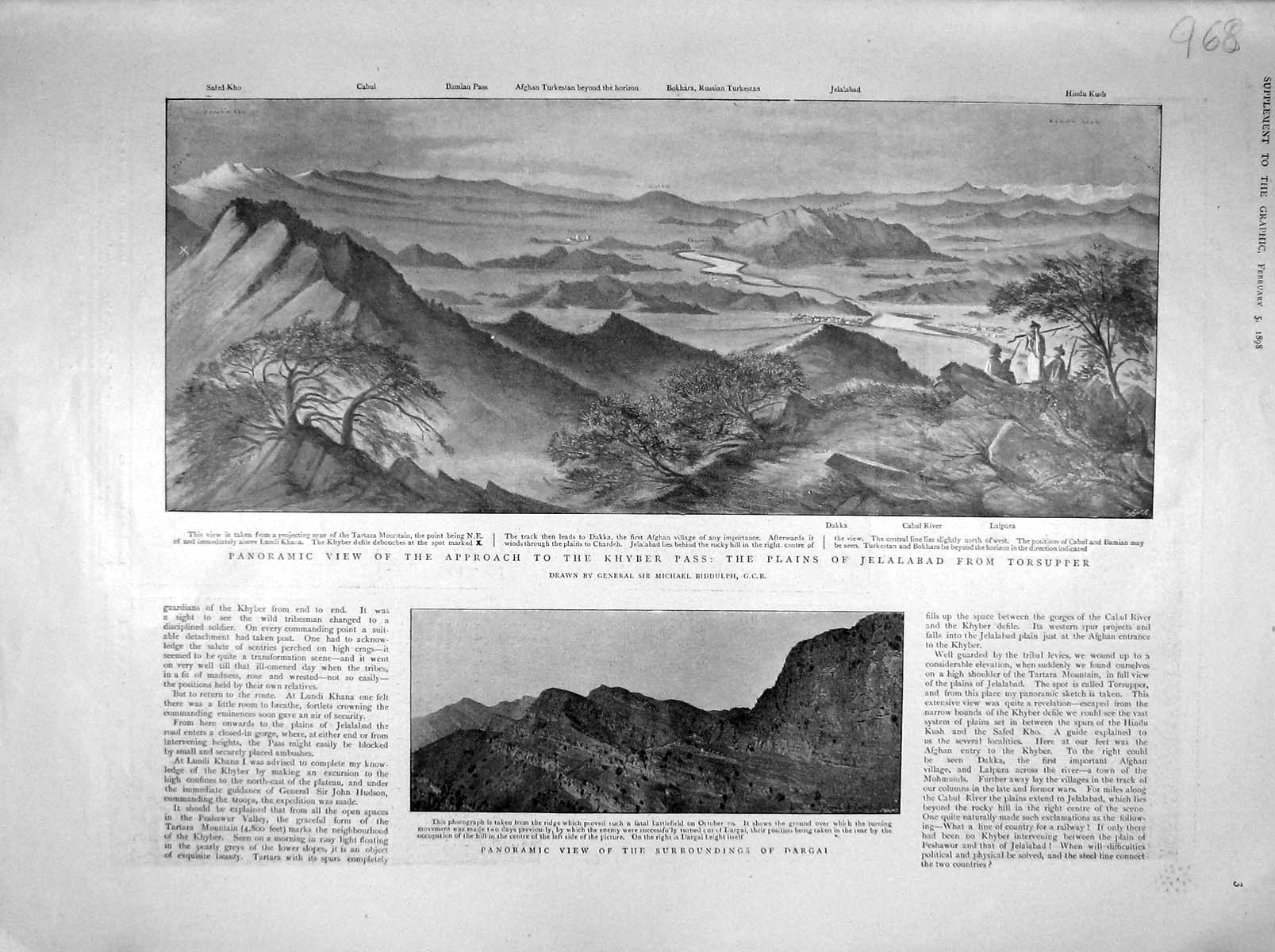 Old Antique Print 1898 Khyber Pass Jelalabad Torsupper Dargai Bengal Khel 19th