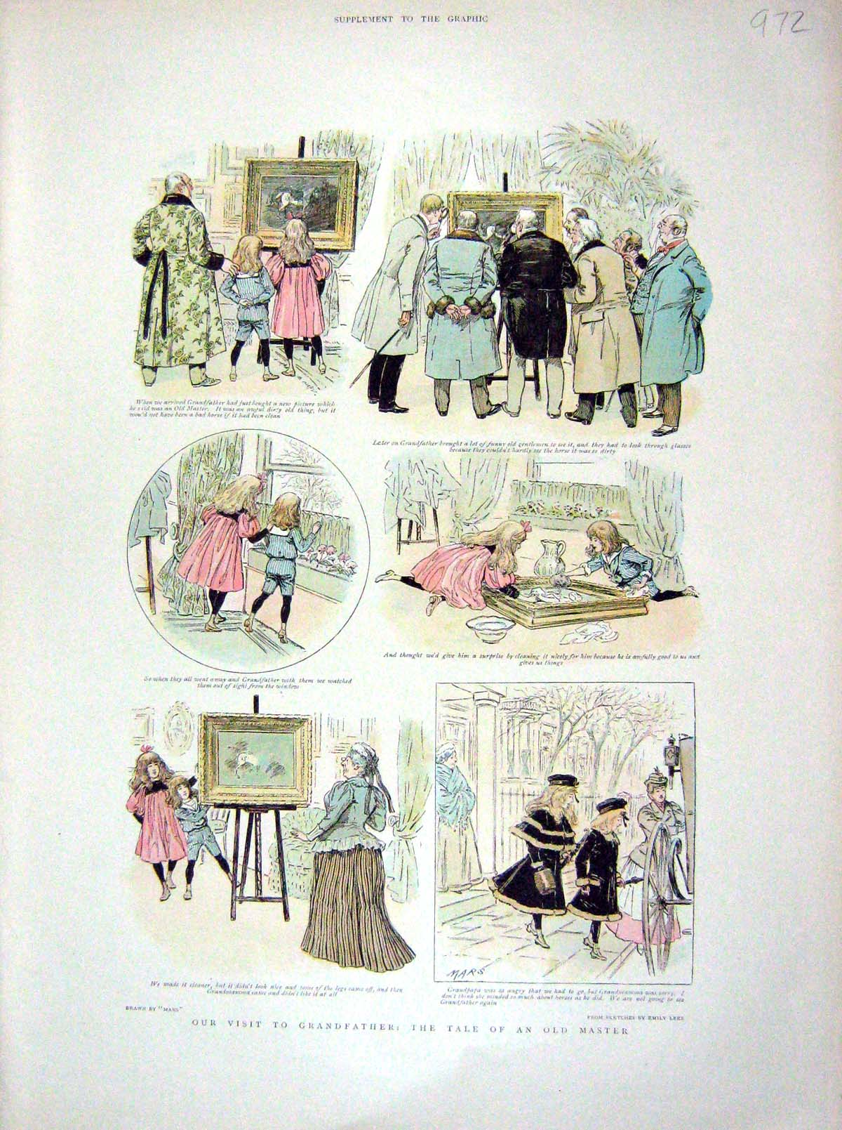 Original Old Antique Print 1898 Colour Children Visiting Grandfather Art 19th