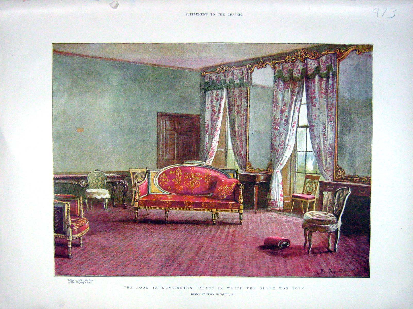 Original Old Antique Print 1898 Room Queen Was Born Kensington Palace London