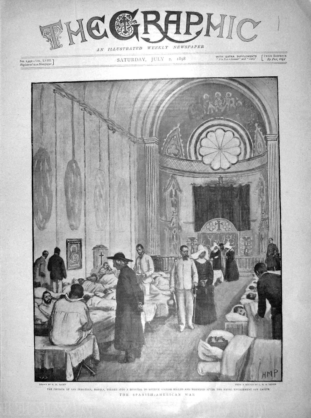 Original Old Antique Print 1898 Church San Sebastian Manila War Hospital Cavite