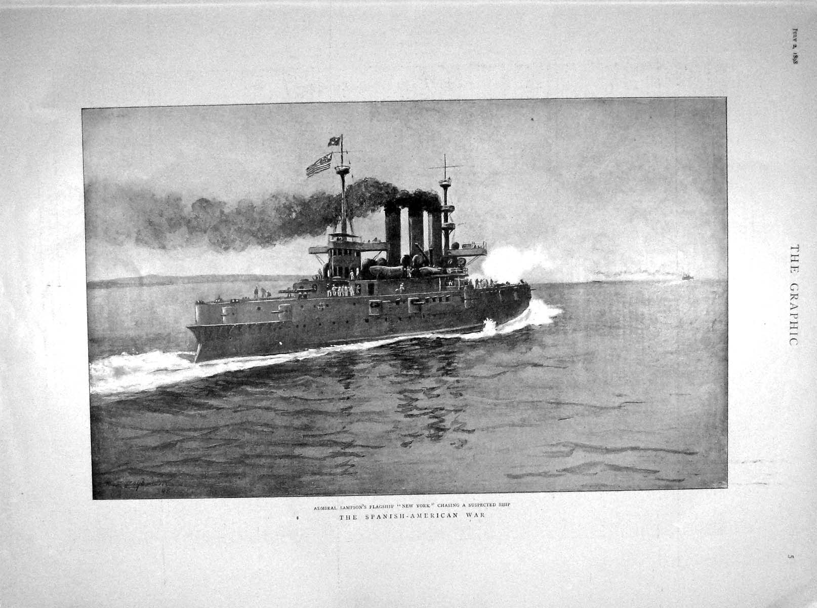 Original Old Antique Print 1898 Admiral Sampson Flag Ship New York America War