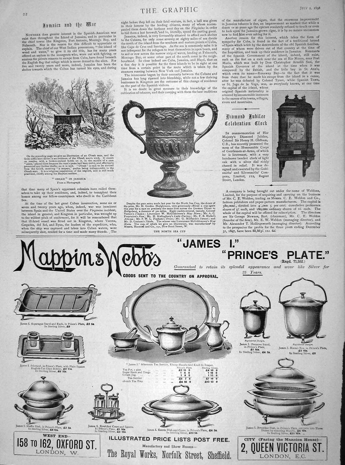 Old Antique Print 1898 North Sea Cup Jubilee Clock Obeah Jamaica Mappin 19th