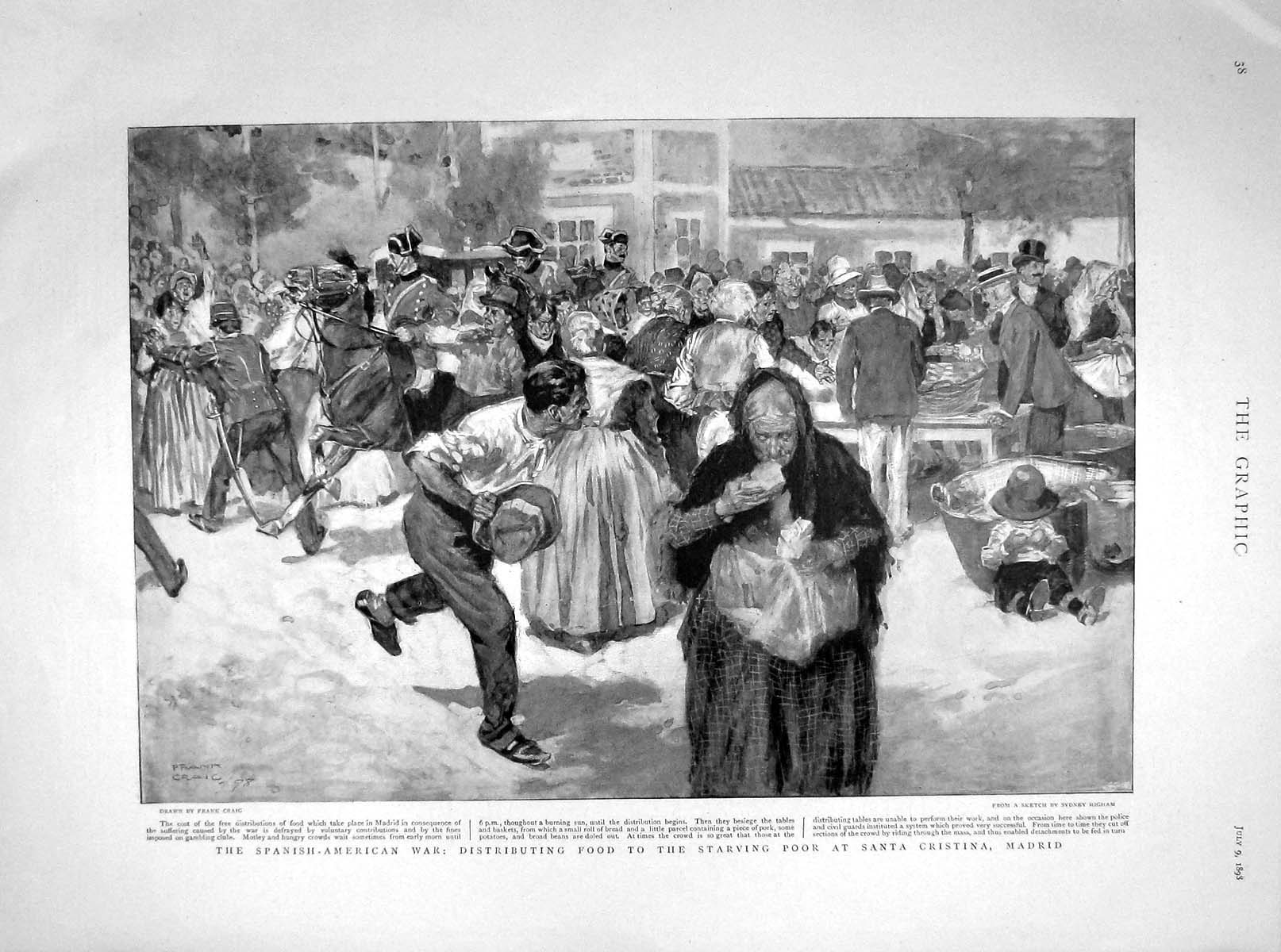 Old Antique Print 1898 Distributing Food Starving Santa Cristina Madrid 19th