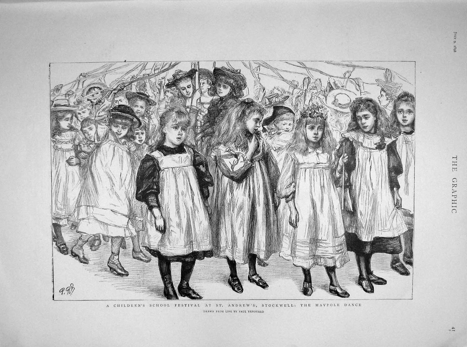 Old Antique Print 1898 Children School Festival Stockwell Maypole Theatre 19th