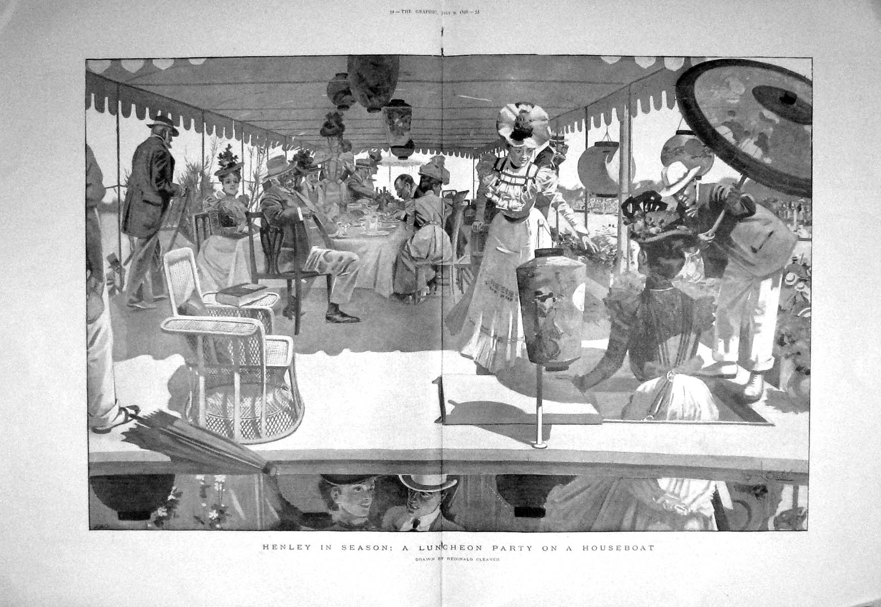 Original Old Antique Print 1898 Luncheon Party Houseboat Henley Season Boating 0