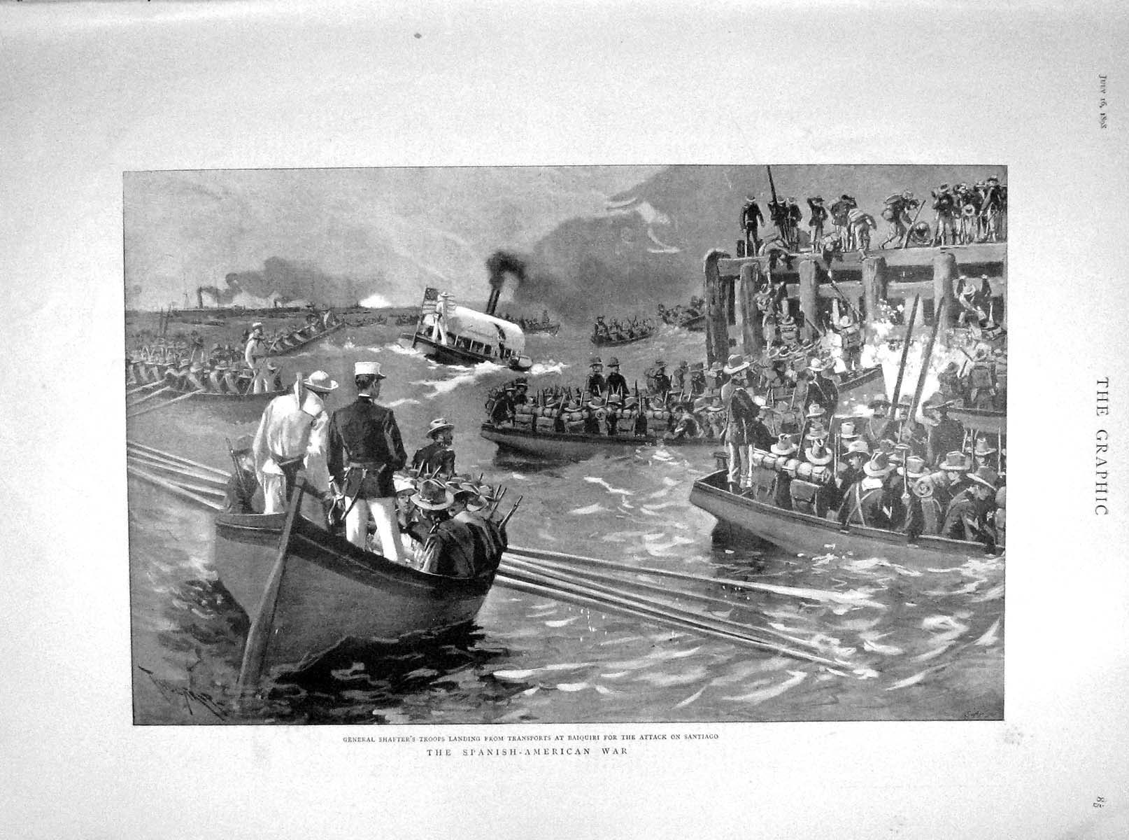 Old Antique Print 1898 General Shafter Boats Baiquiri Santiago Cuba Ships 19th