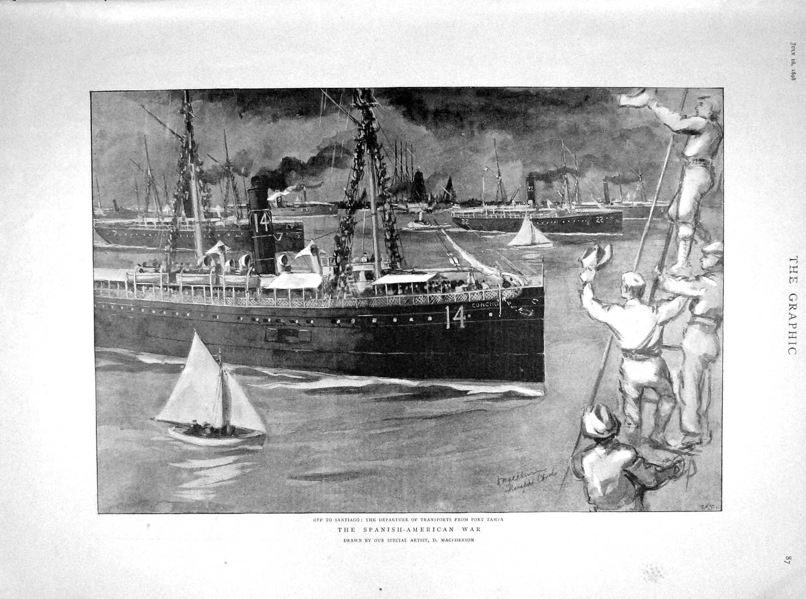 Old Antique Print 1898 Transport Ship Port Tampa War Duke York Crescent 19th