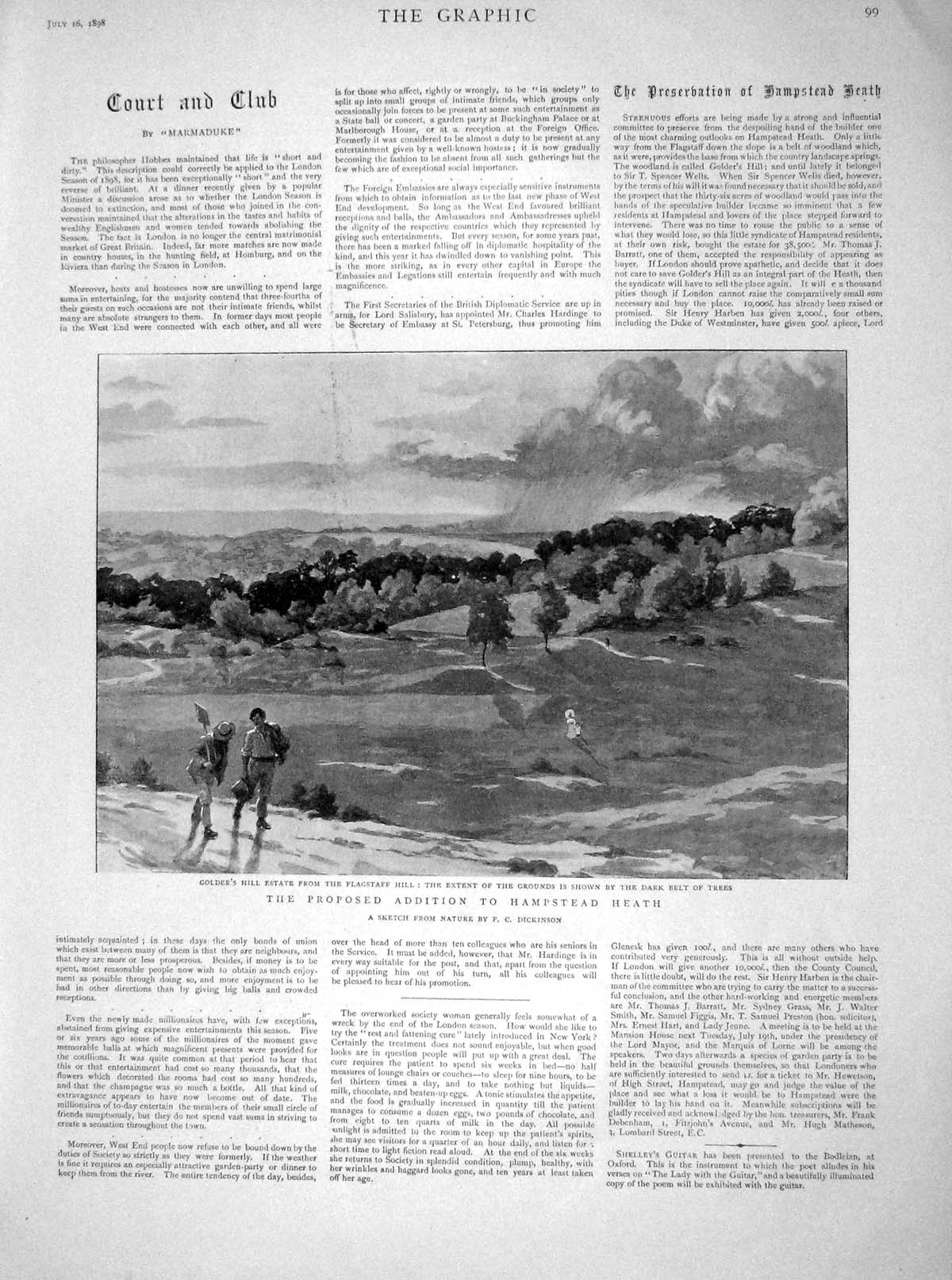 Original Old Antique Print 1898 Ger'S Hill Estate Flagstaff Hill Hampstead 19th