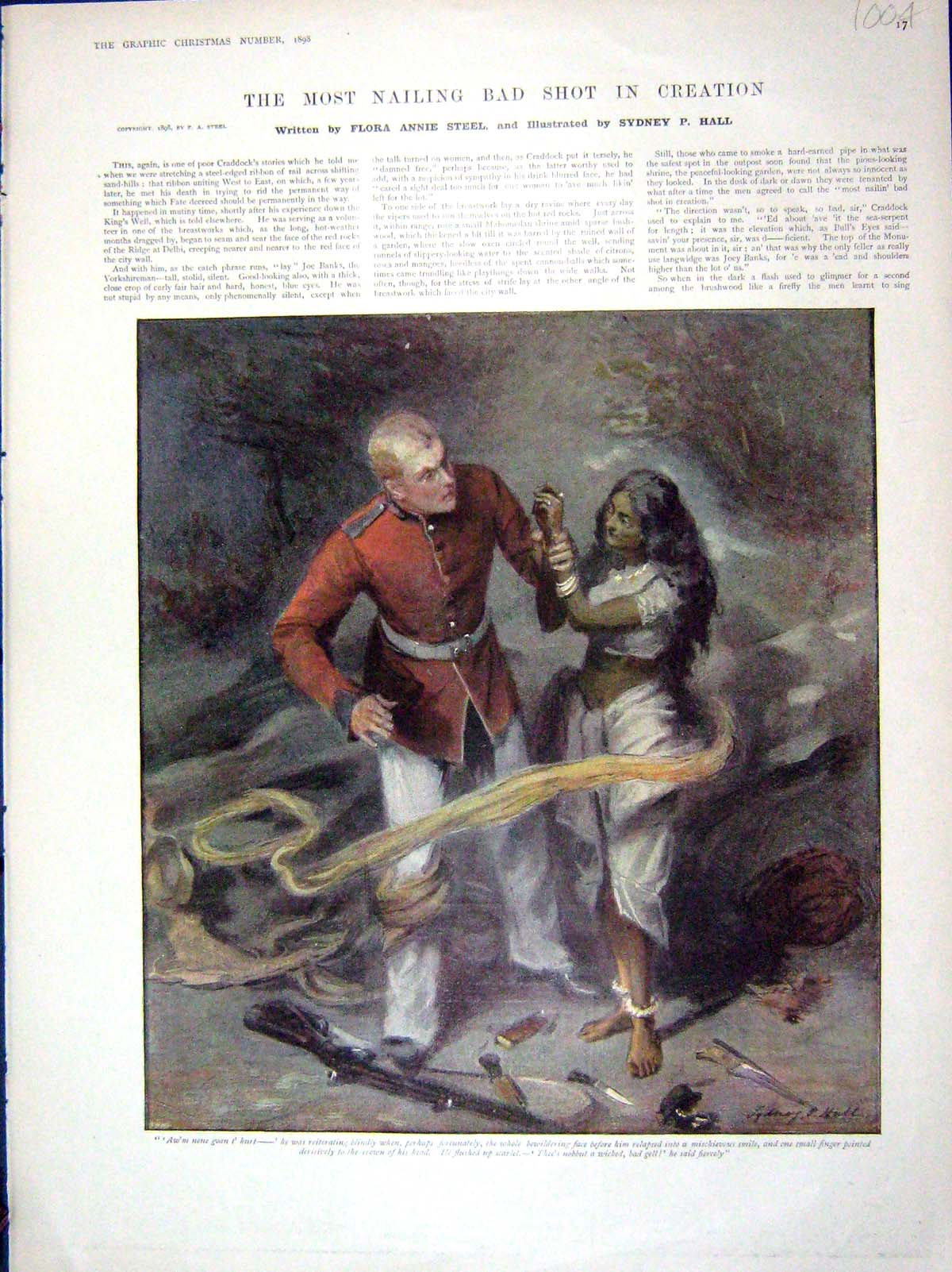 Original Old Antique Print 1898 Colour Sier Man Native Girl WeaponsVictorian