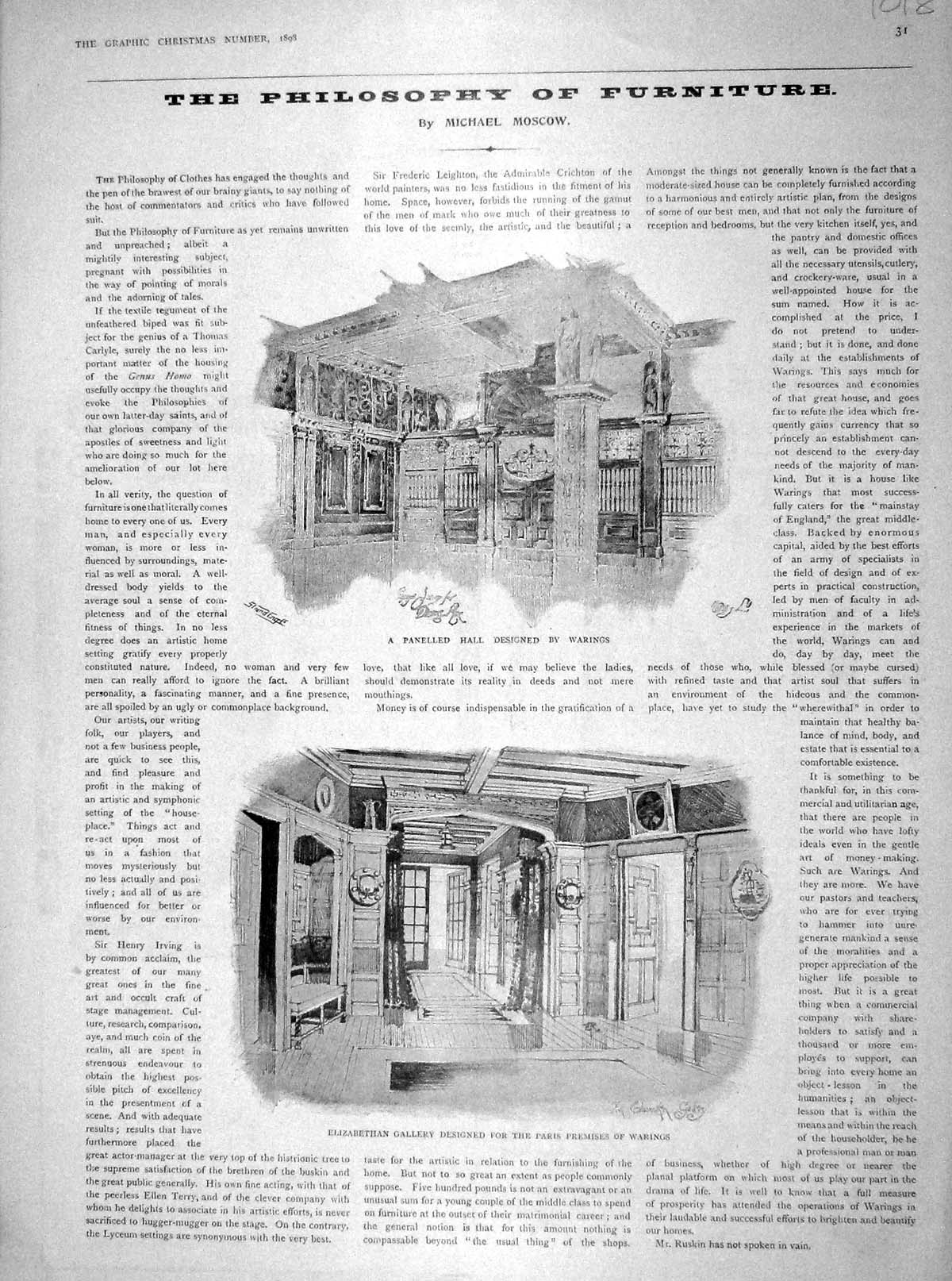 Old Antique Print 1898 Furniture Warings Elizabethan Gallery Ghost Story 19th