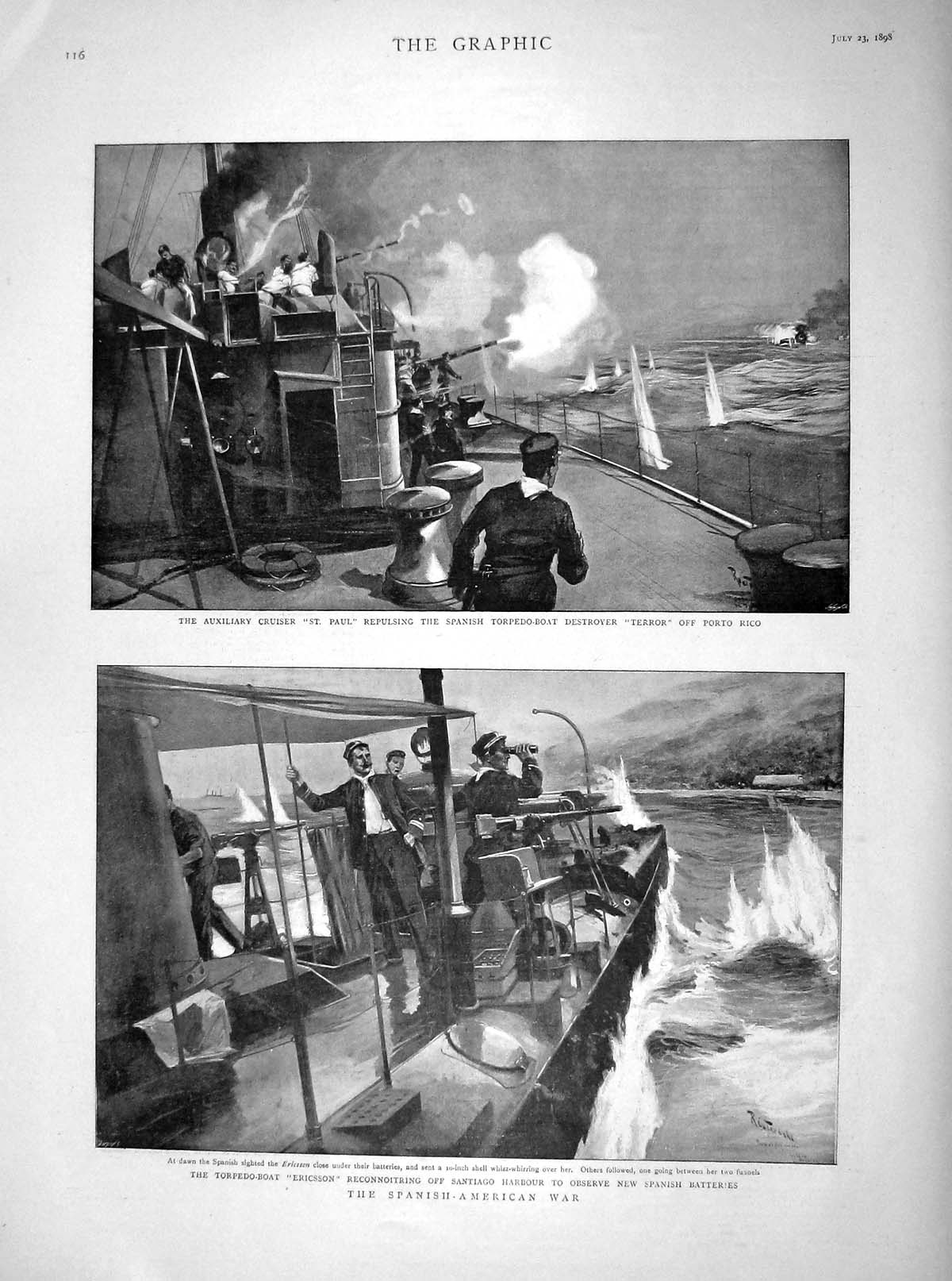 Old Antique Print 1898 Torpedo Boat Ericsson Santiago Harbour Terror Ship 19th