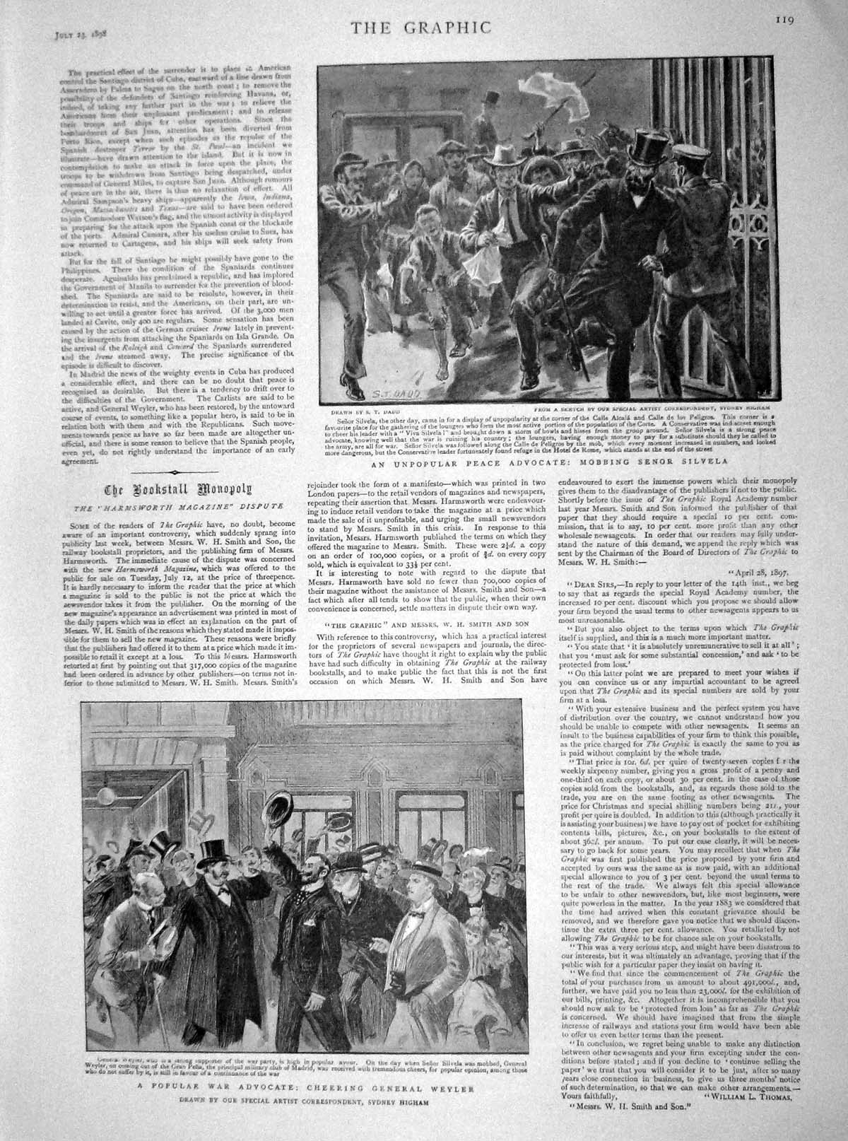 Old Antique Print 1898 War Advocate General Weyler Mobbing Senor Silvela 19th