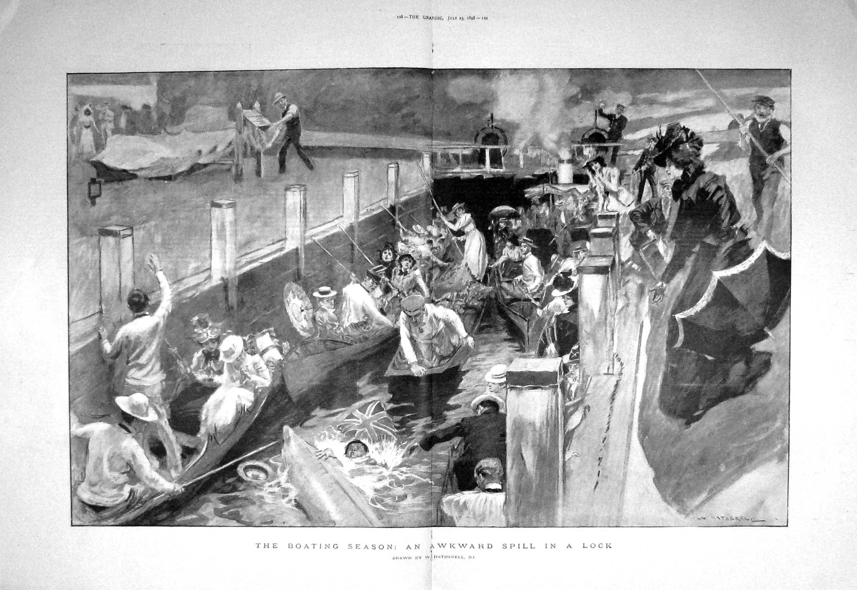 Original Old Antique Print 1898 Boating Season Spill Lock Boats 19th
