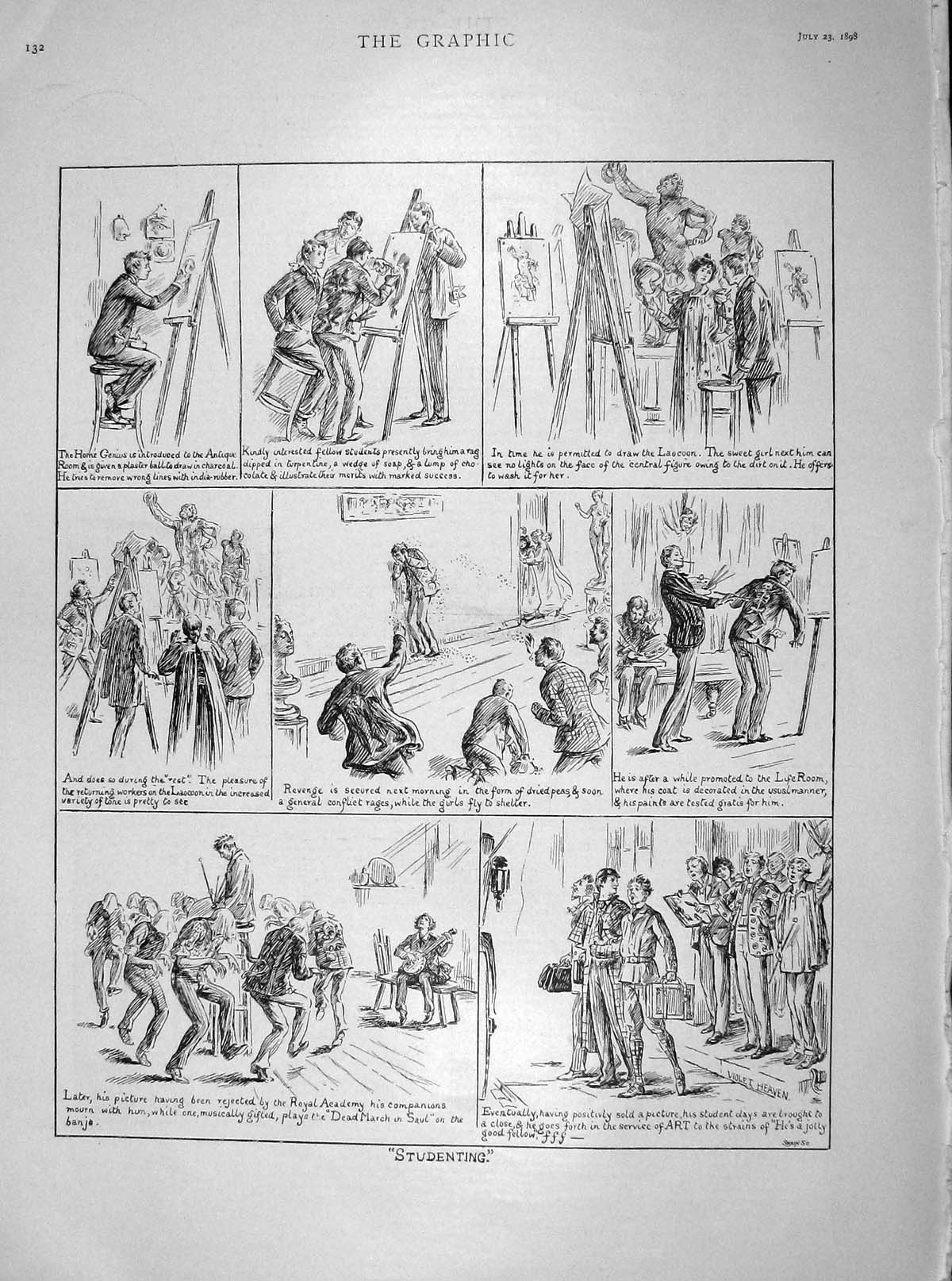 Original Old Antique Print 1898 Studenting School Teacher Art 19th