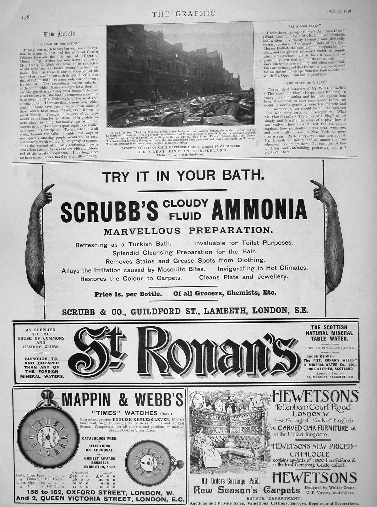 Original Old Antique Print 1898 Fawcett Street Havelock Fire Sunderland Mappin
