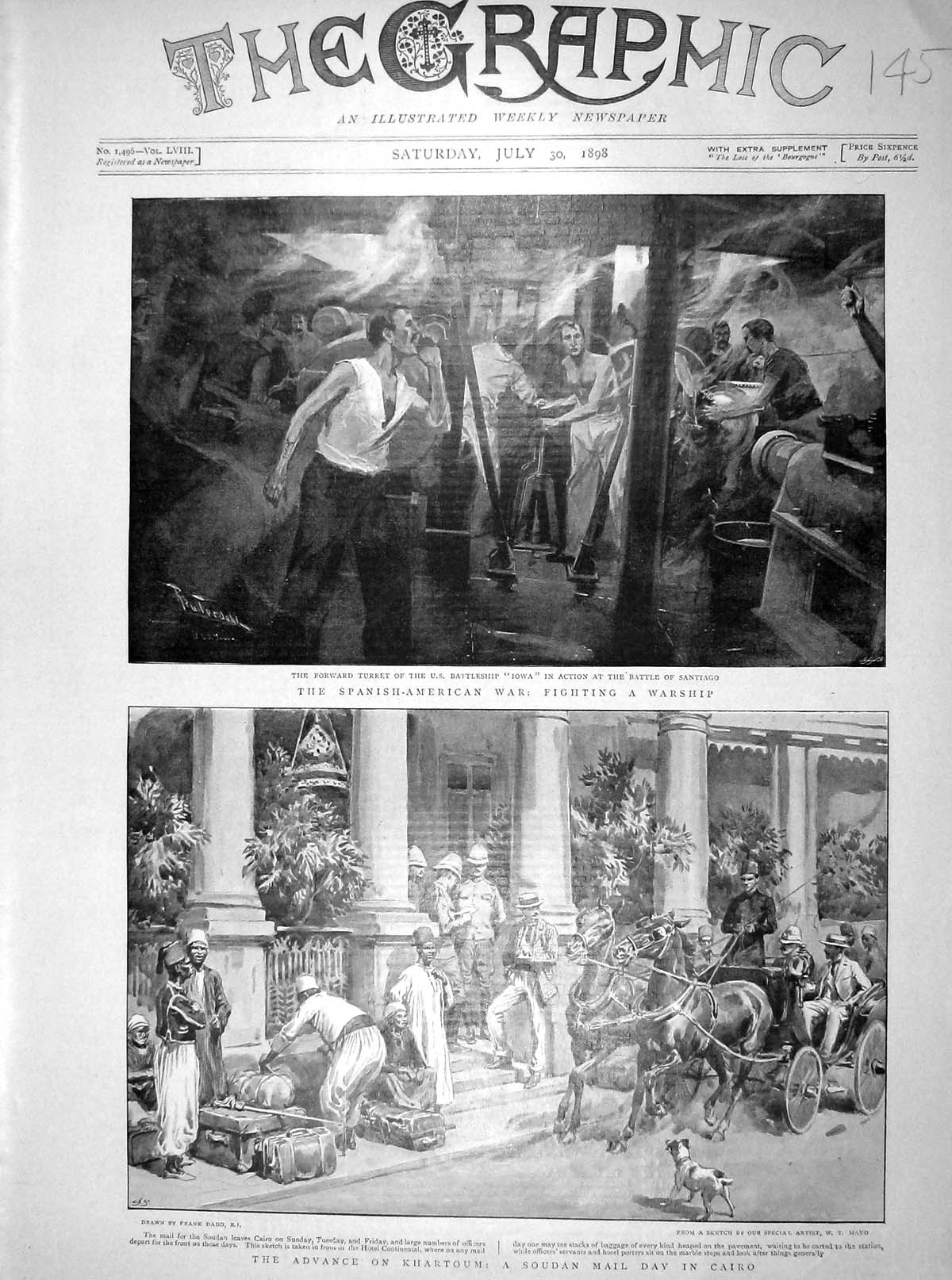 Old Antique Print 1898 Khartoum Soudan Mail Cairo War Ship Iowa Santiago 19th