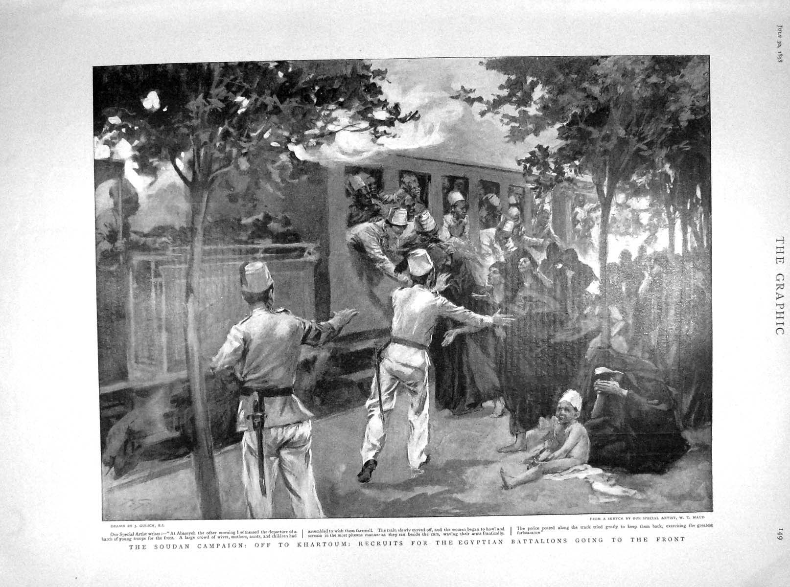 Original Old Antique Print 1898 Soudan War Khartoum Egyptian Battalions Train