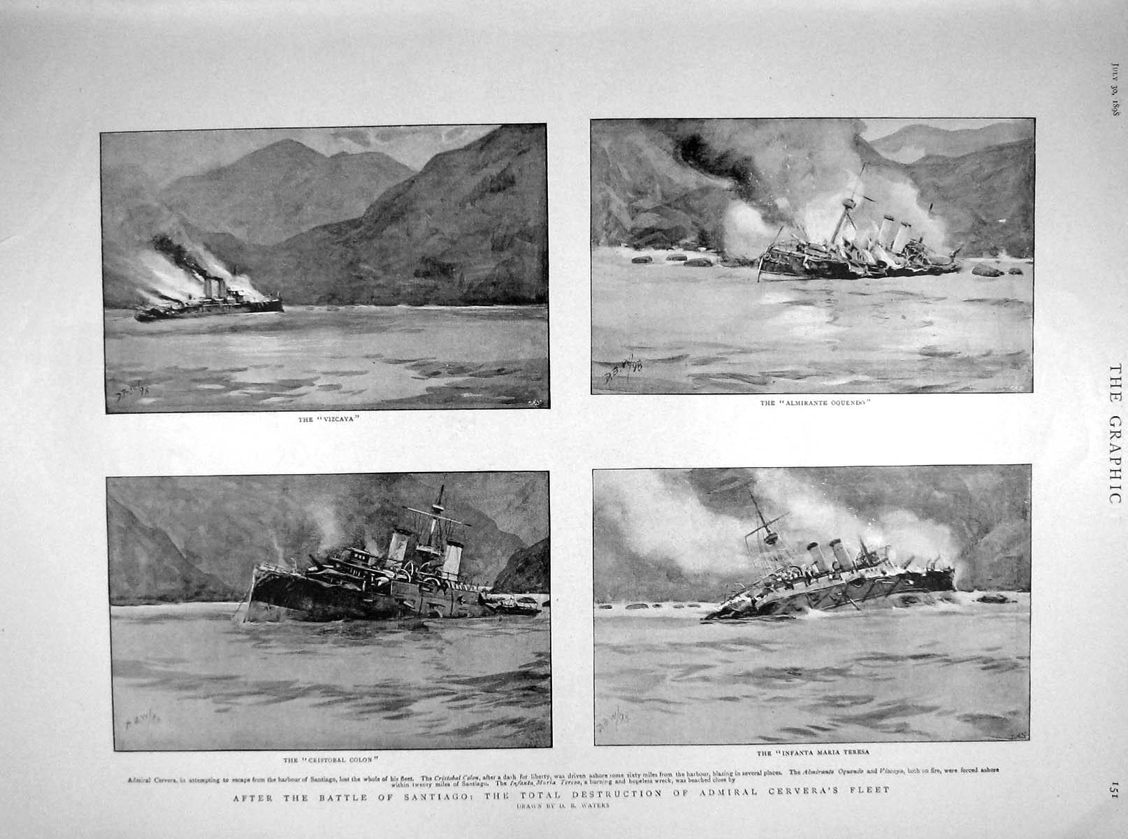 Old Antique Print 1898 Battle Santiago Cervera Ships Vizcaya Colon Mayor 19th