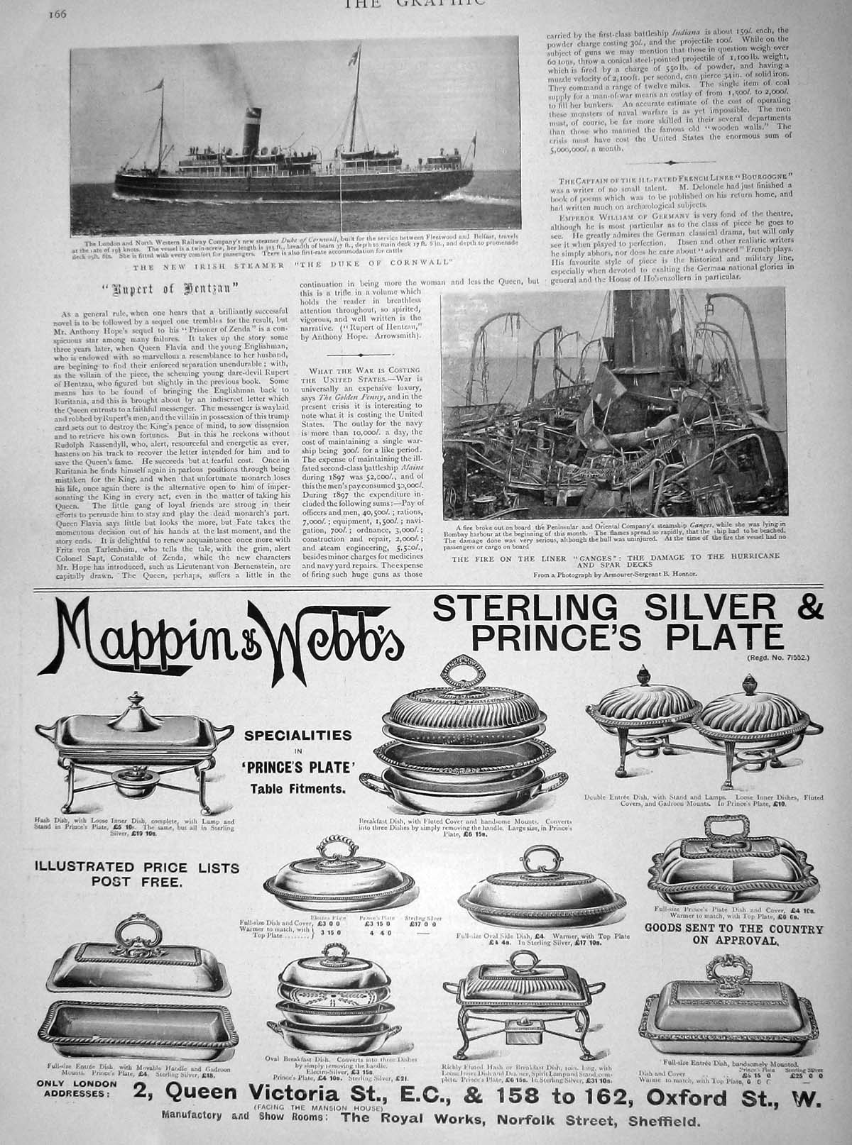 Old Antique Print 1898 Irish Steamer Ship Duke Cornwall Fire Ganges Liner 19th