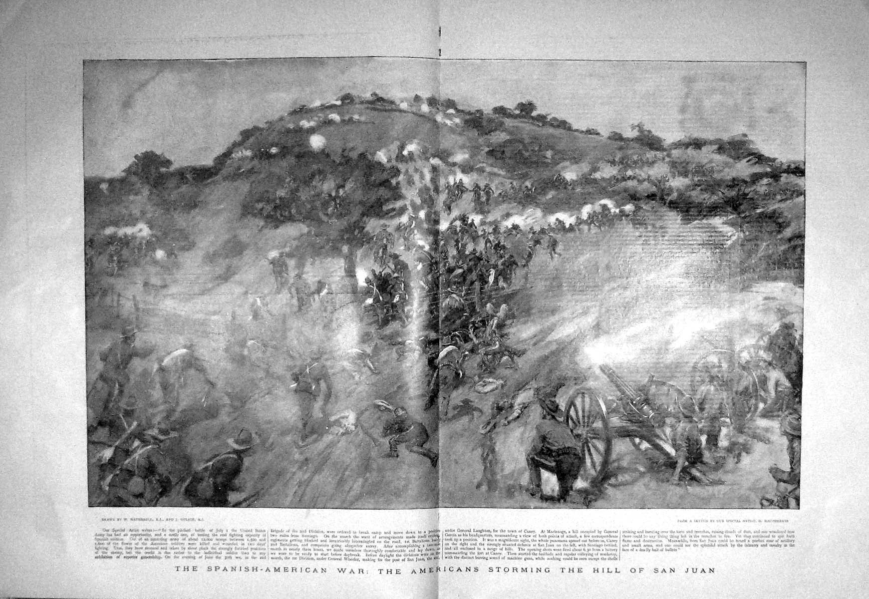Old Antique Print 1898 Americans Storming Hill San Juan General Laughton 19th