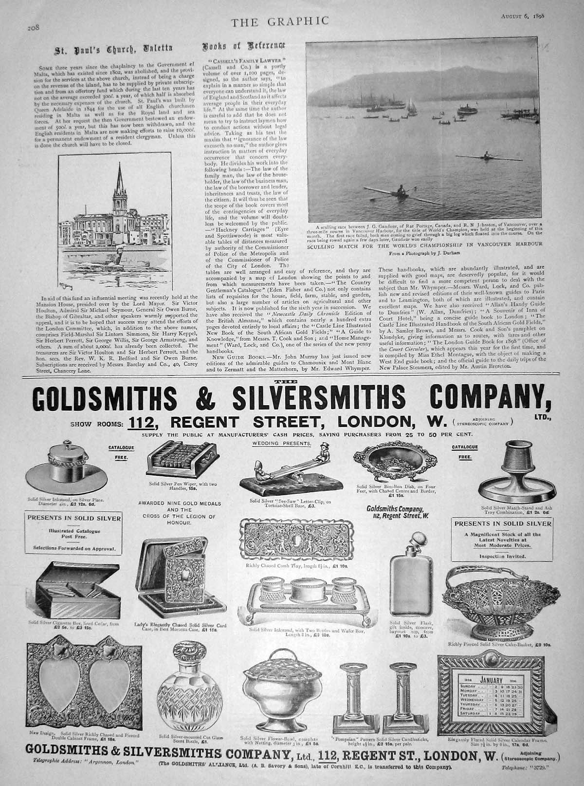 Original Old Antique Print 1898 Sculling Match Vancouver Harbour Paul'S Church