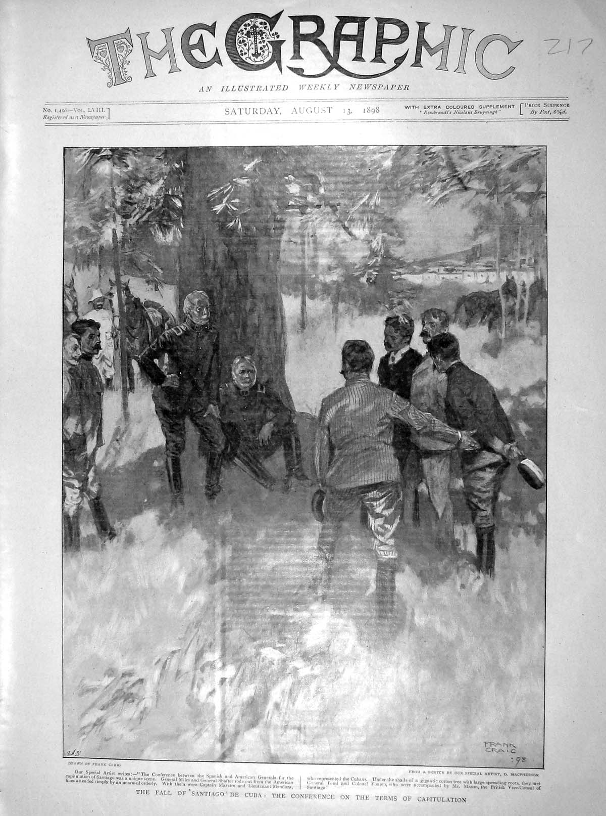 Old Antique Print 1898 Fall Santiago Conference Capitulation Mason Toral 19th