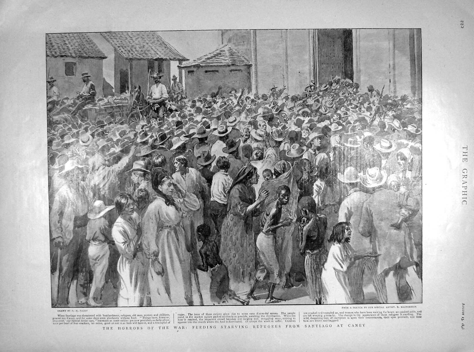Original Old Antique Print 1898 War Feeding Starving Refugees Santiago Caney