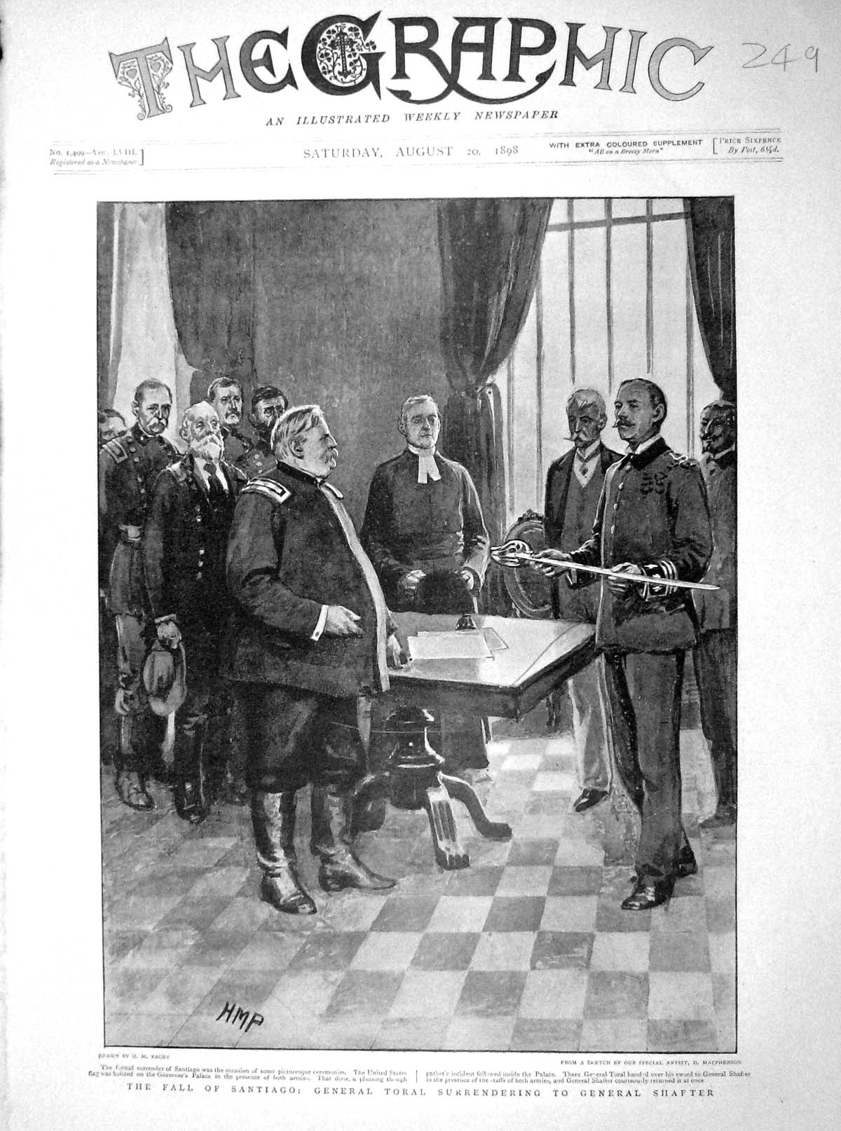 Original Old Antique Print 1898 Santiago General Toral Shafter Governor Palace