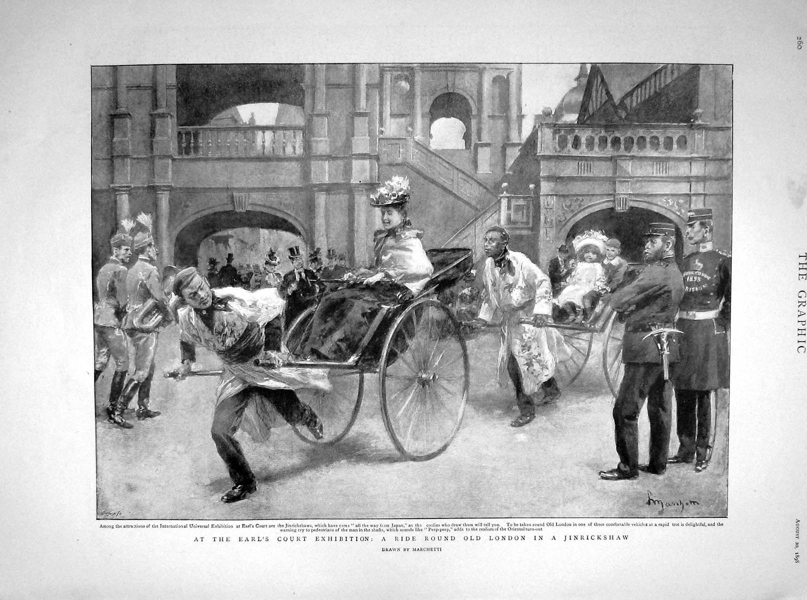 Original Old Antique Print 1898 Earl'S Court Exhibition London Jinrickshaw 19th